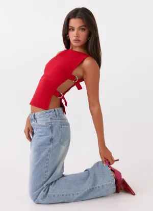 Cherish You Buckle Top - Red High Neckline Structure