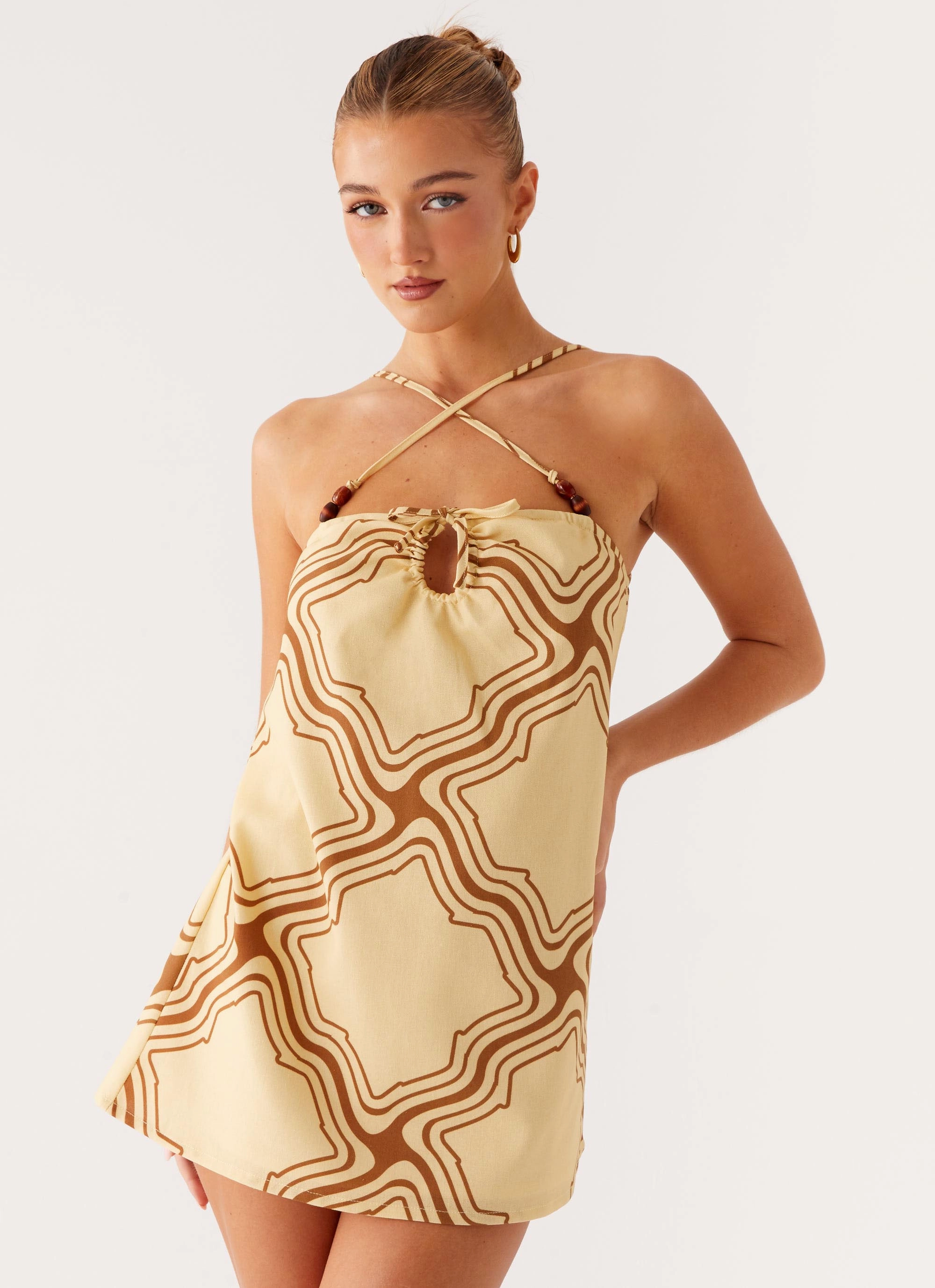 Peace View Smooth Design Naomi Criss Cross Mini Dress - Tidal Wave Print