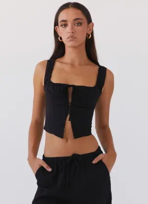 Take Me Away Corset Top - Black Adjustable Hem Toggles Flatlock Stitching Technique
