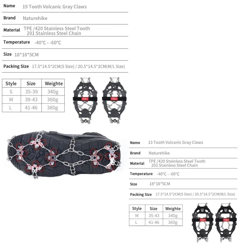 Naturehike NEW 13 /19 Teeth Anti-slip Climbing Crampons Outdoor Winter Ice Claws Snow Gripper Hiking Shoe Boot Grips Chain Spike