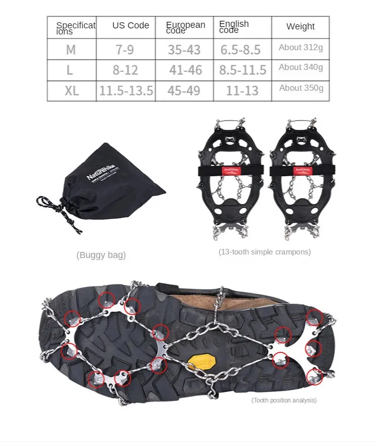 Naturehike NEW 13 /19 Teeth Anti-slip Climbing Crampons Outdoor Winter Ice Claws Snow Gripper Hiking Shoe Boot Grips Chain Spike