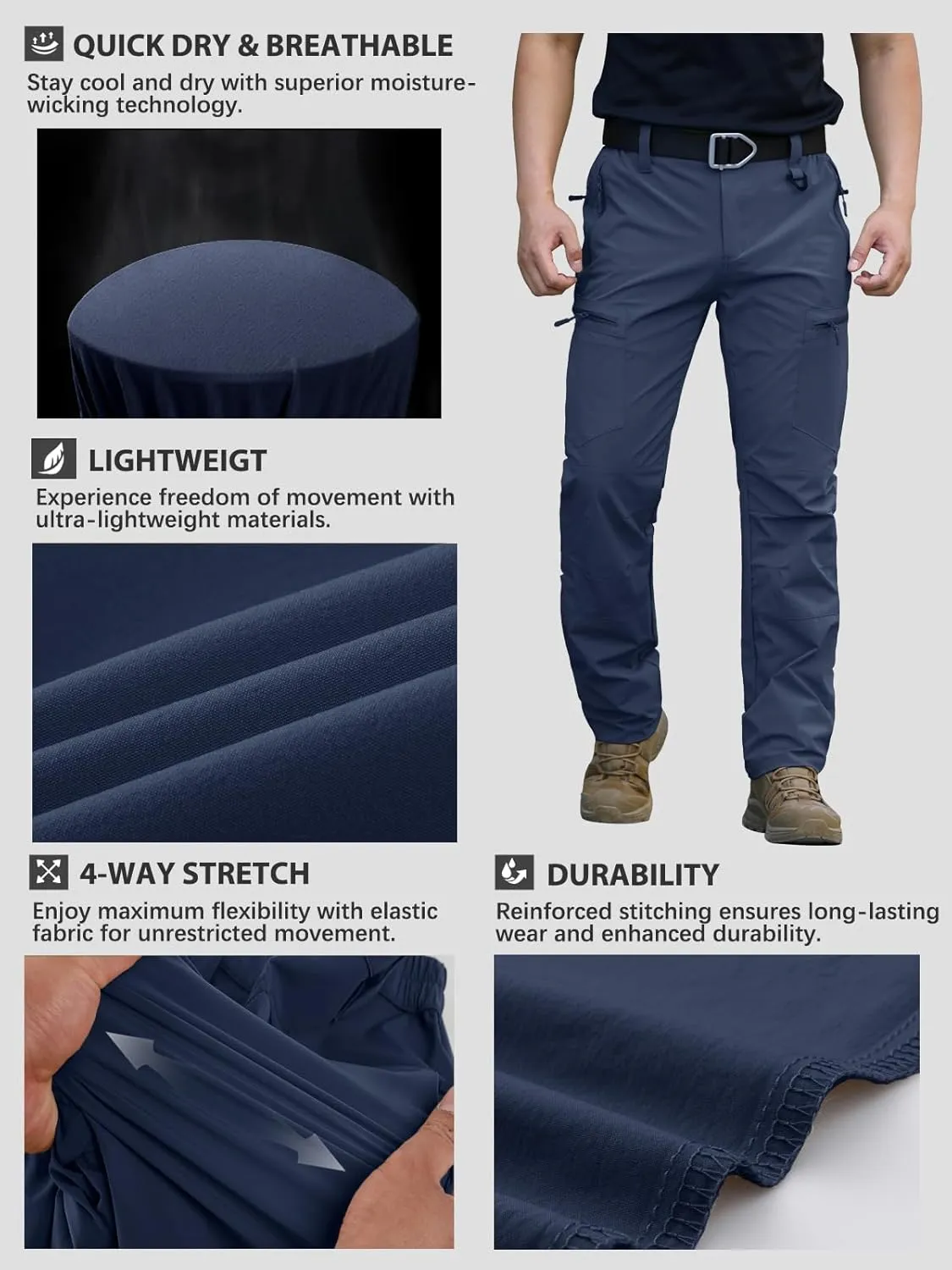 NAVEKULL Men's Lightweight Hiking Pants Quick Dry Stretch Fishing Tactical Work Pants with Zipper Pockets