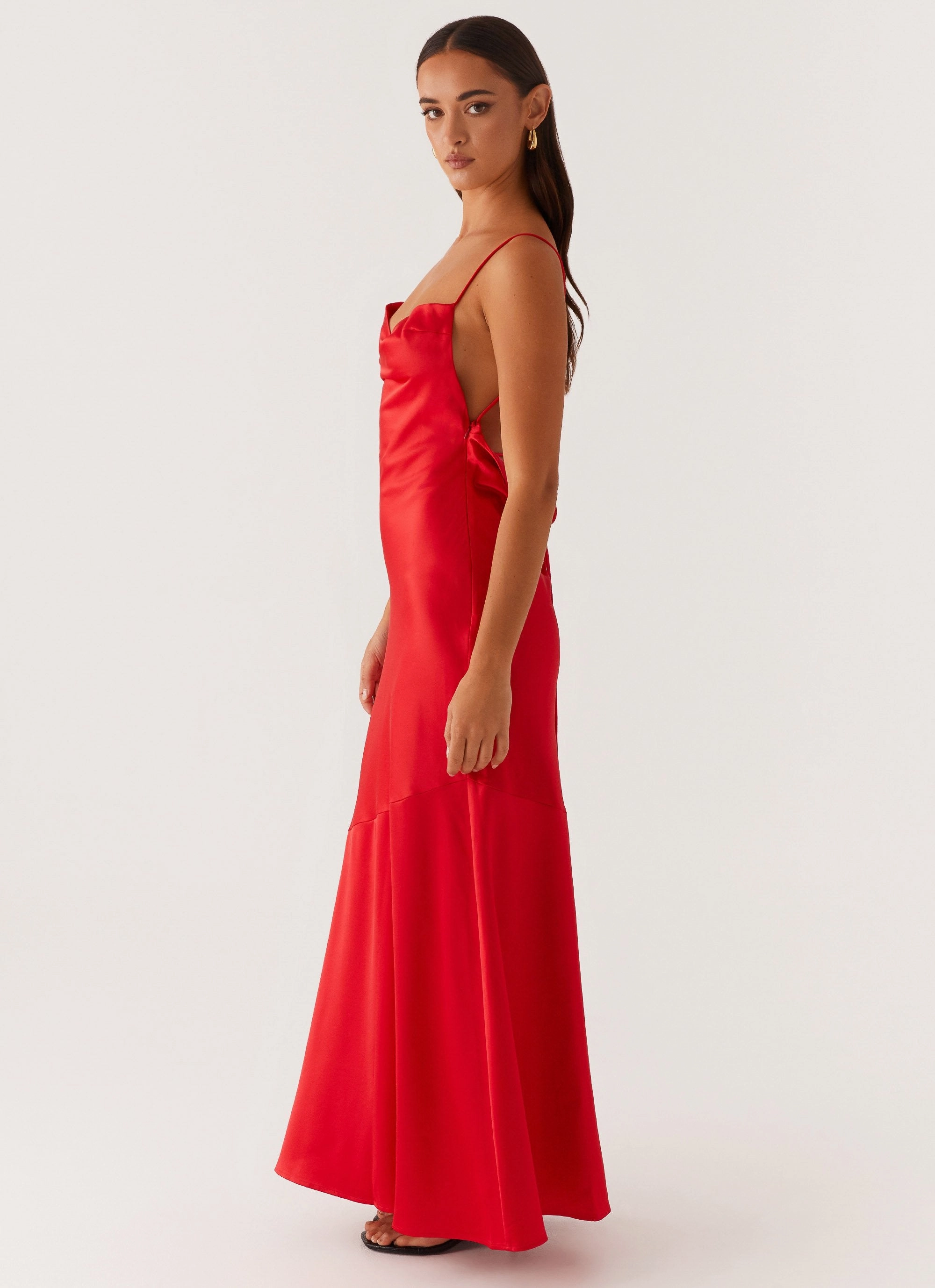 Elegant Finish Alianna Cowl Neck Satin Maxi Dress - Red