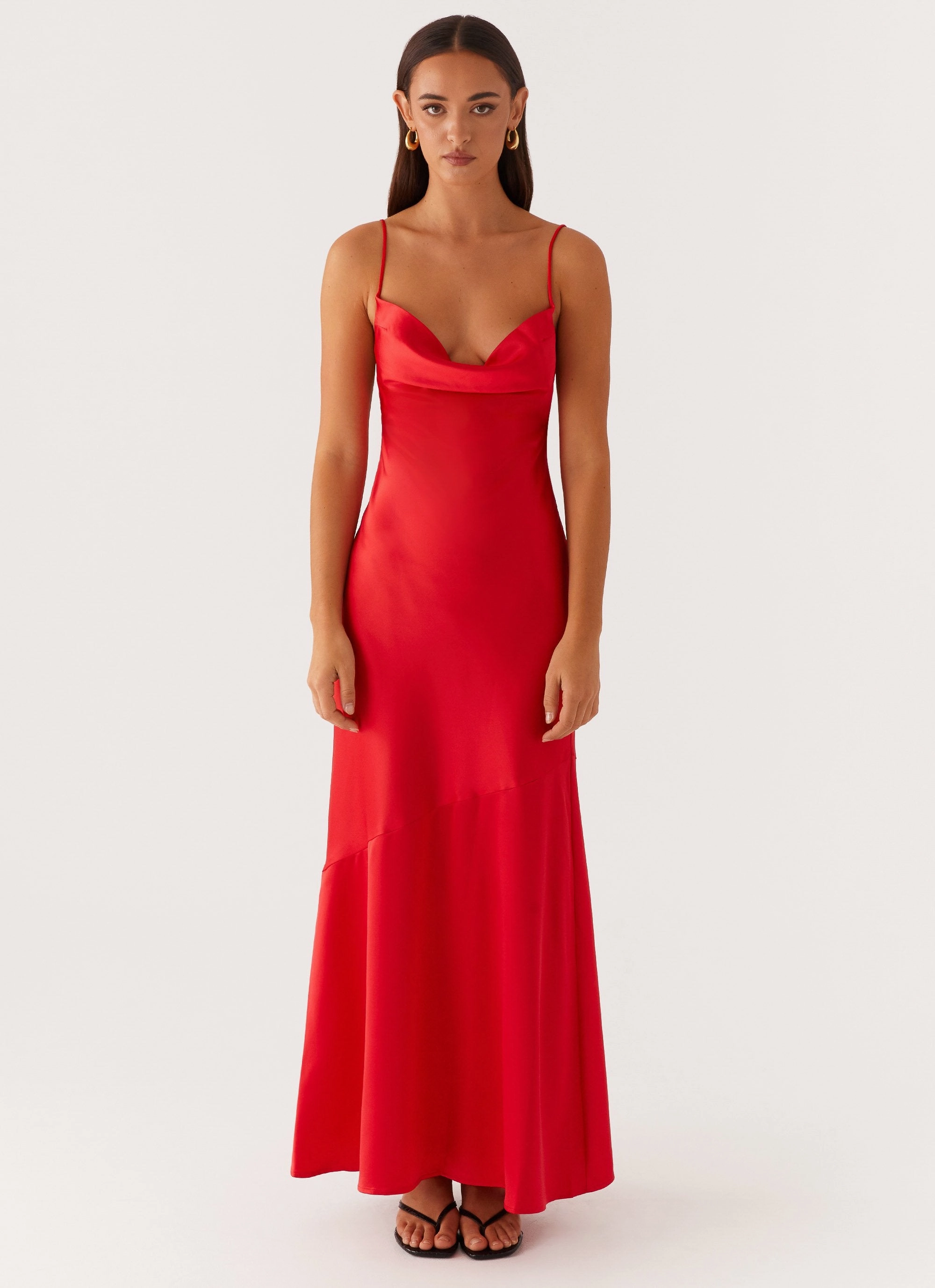 Alianna Cowl Neck Satin Maxi Dress - Red Sweetheart Cut Stylish and Comfortable