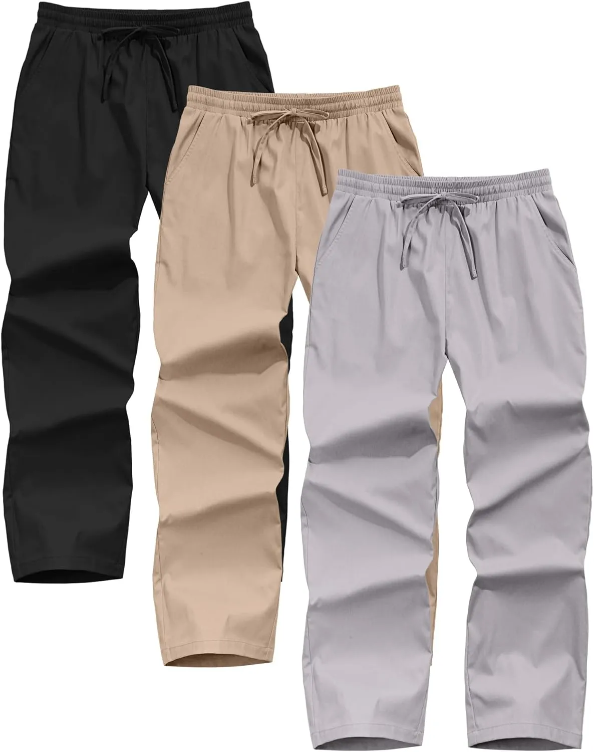 Neer 3 Pack Men's Casual Chino Pants, Summer Lounge Elastic Waist Drawstring Straight Leg Outdoor Pants Trousers with Pockets