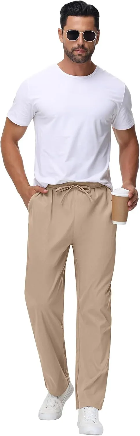 Neer 3 Pack Men's Casual Chino Pants, Summer Lounge Elastic Waist Drawstring Straight Leg Outdoor Pants Trousers with Pockets