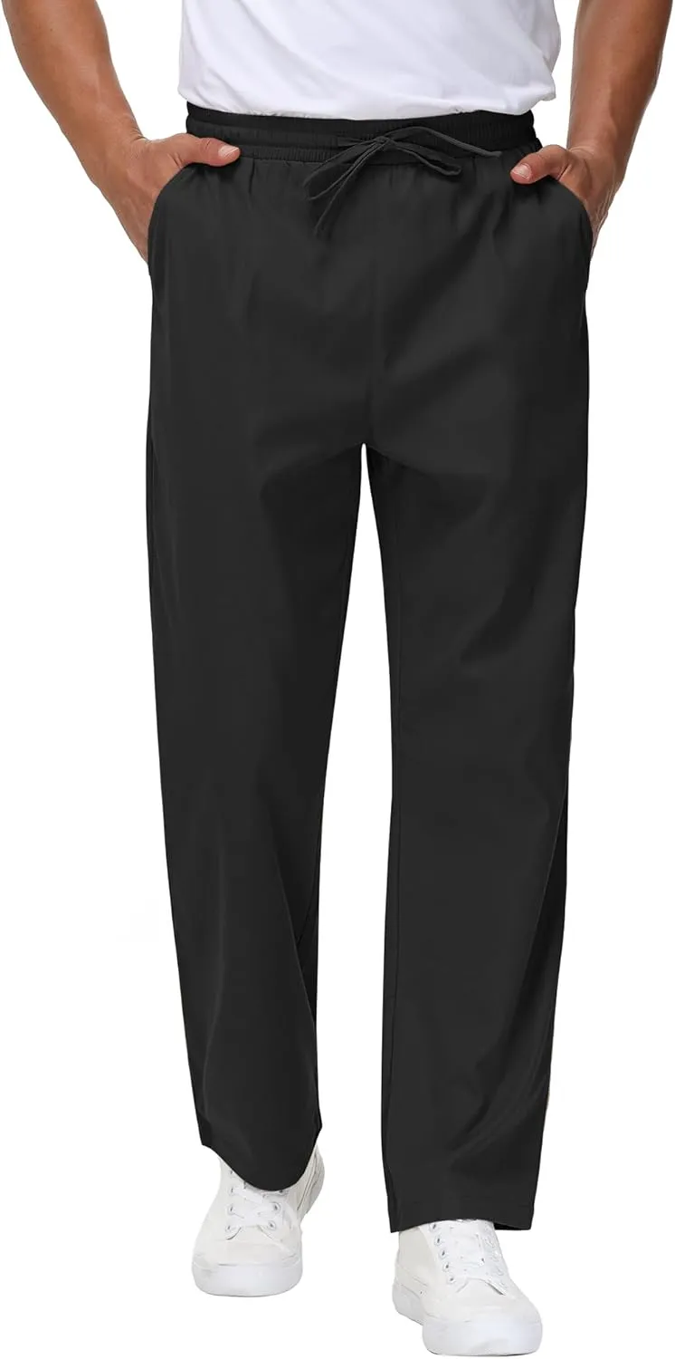 Neer 3 Pack Men's Casual Chino Pants, Summer Lounge Elastic Waist Drawstring Straight Leg Outdoor Pants Trousers with Pockets