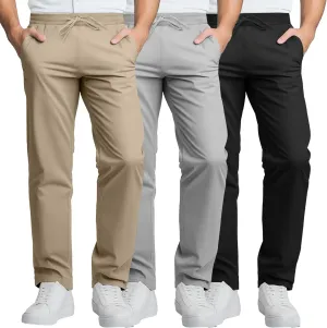 Neer 3 Pack Men's Casual Chino Pants, Summer Lounge Elastic Waist Drawstring Straight Leg Outdoor Pants Trousers with Pockets