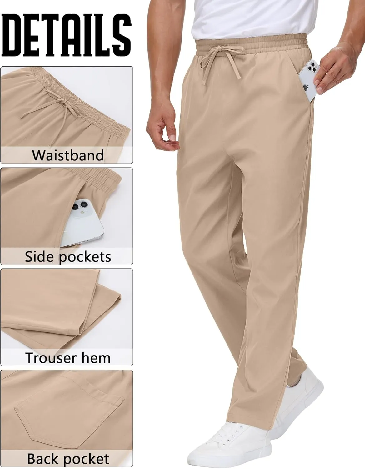Neer 3 Pack Men's Casual Chino Pants, Summer Lounge Elastic Waist Drawstring Straight Leg Outdoor Pants Trousers with Pockets