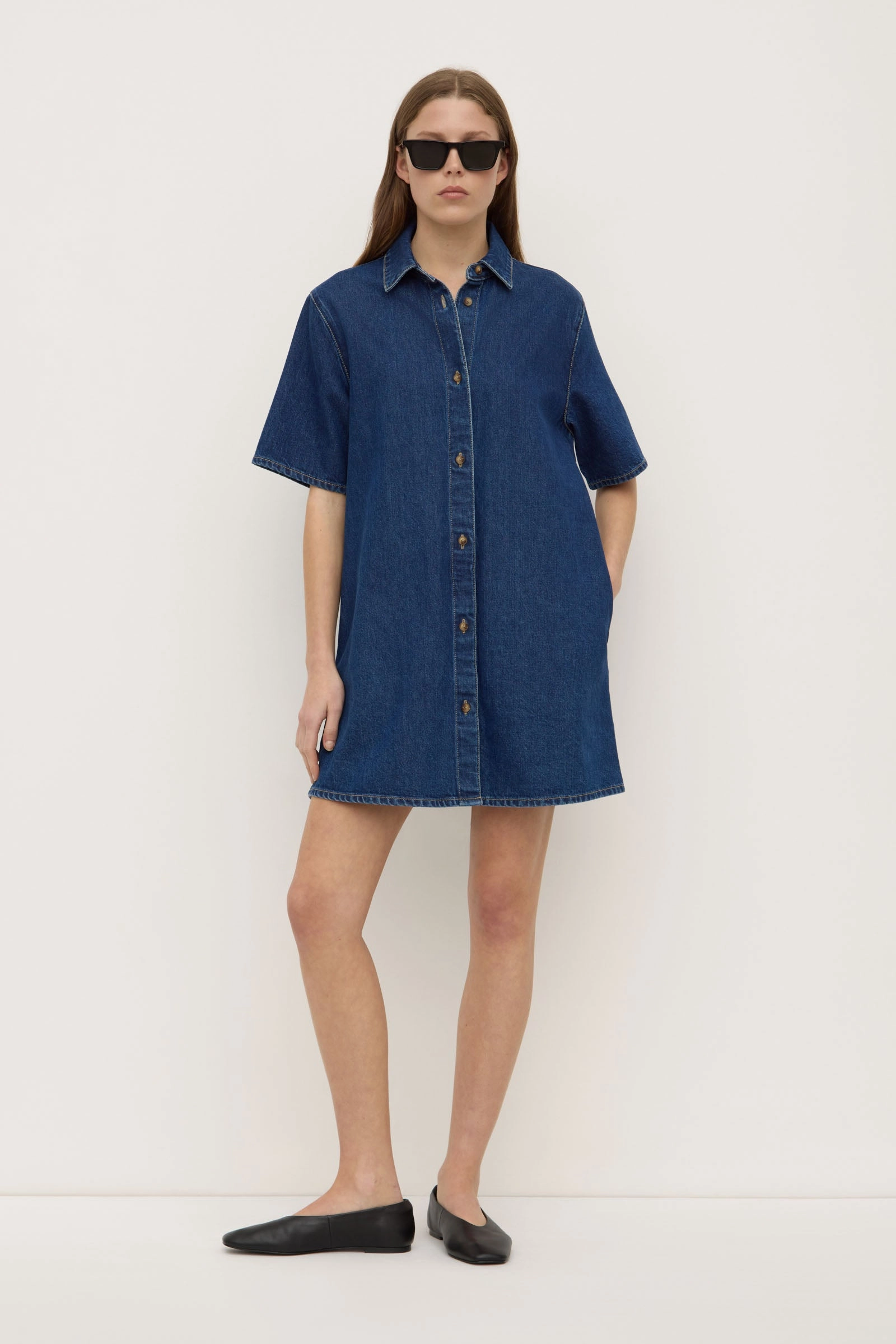 Neera Denim Mini Shirt Dress Embroidered Fabric