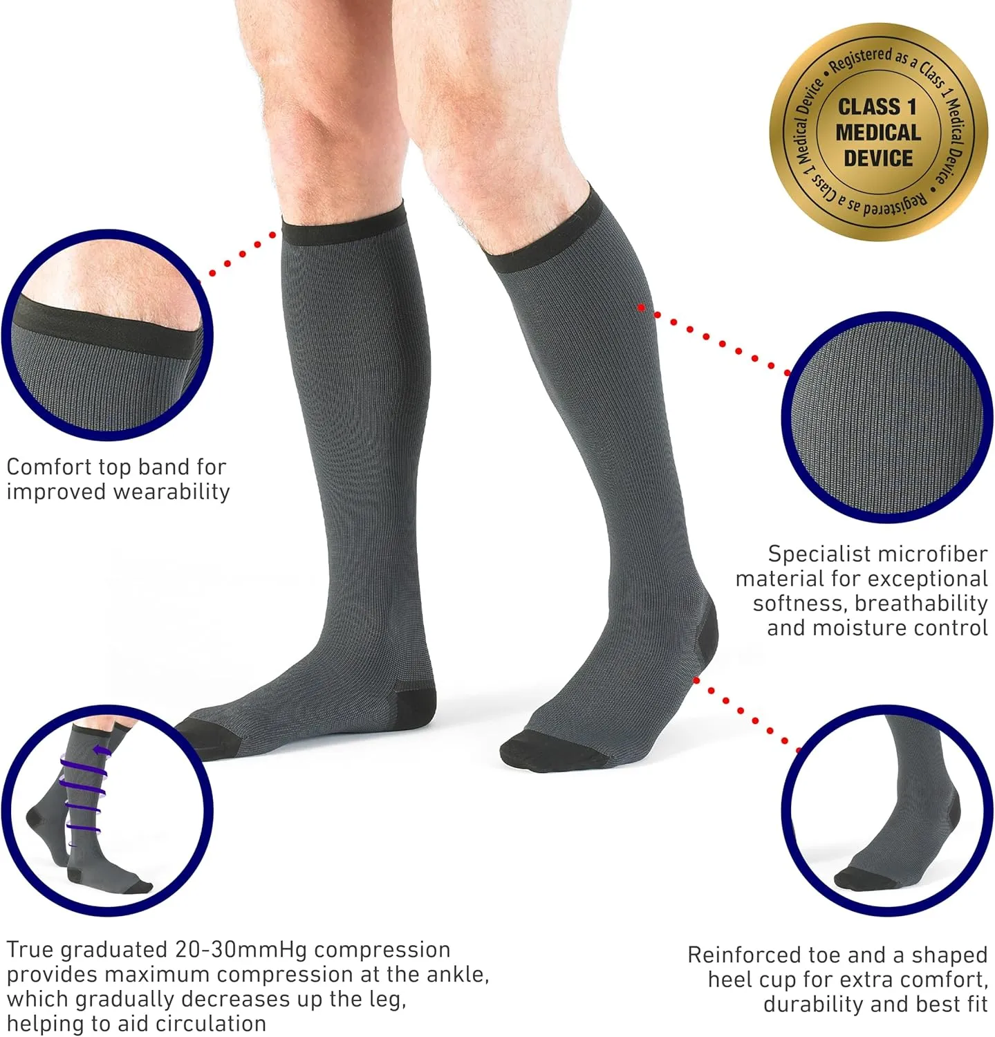 Neo G Men's Compression Socks - True Graduated Compression - Class 1 Medical Device – Grey