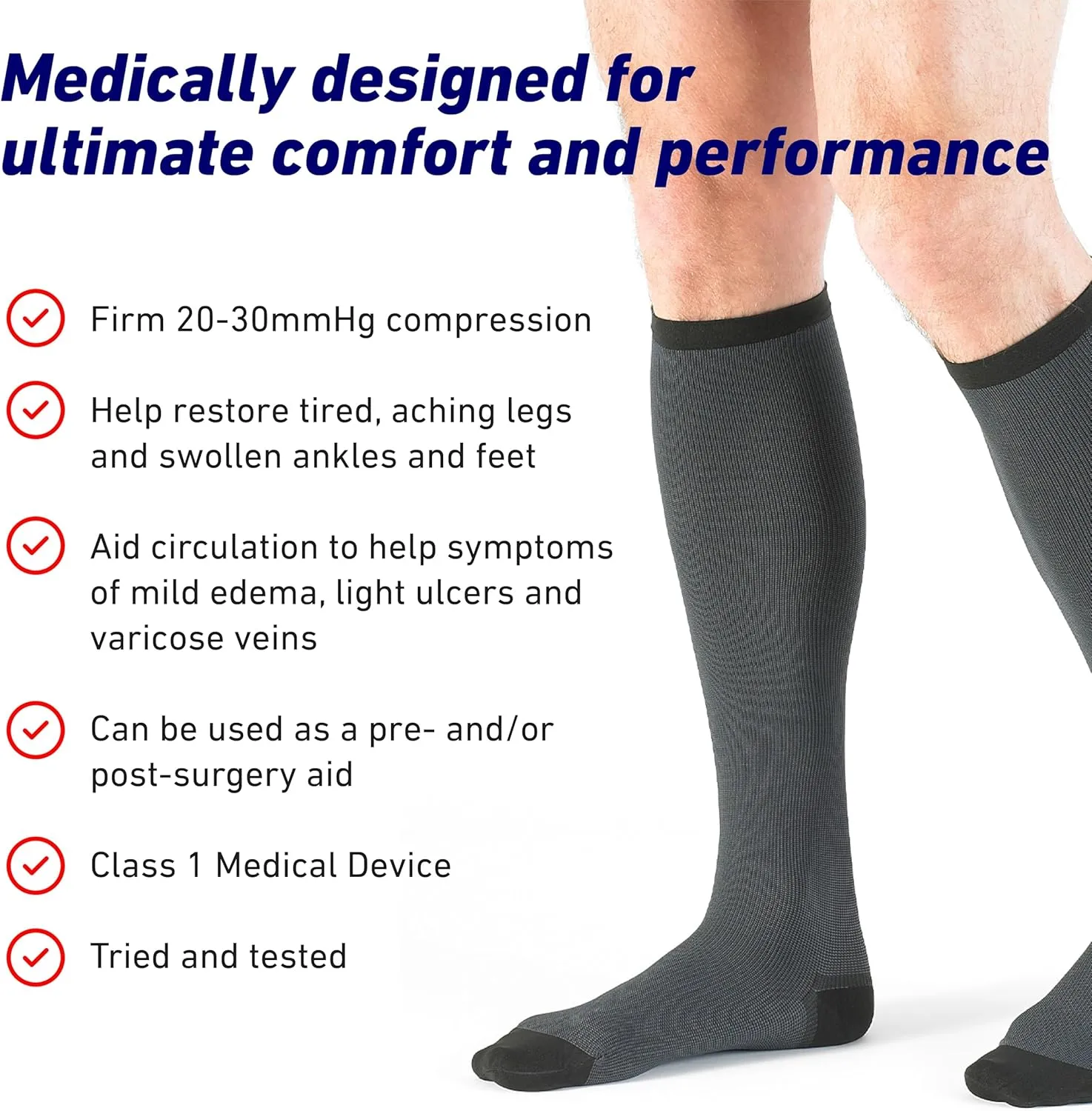 Neo G Men's Compression Socks - True Graduated Compression - Class 1 Medical Device – Grey