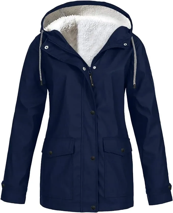 NEW Drepurja Coats for Women Winter Warm Long Sleeve Fuzzy Fleece Jackets Zip Up Hoodies Sherpa Lined Thermal Jacket, Navy, Sz L