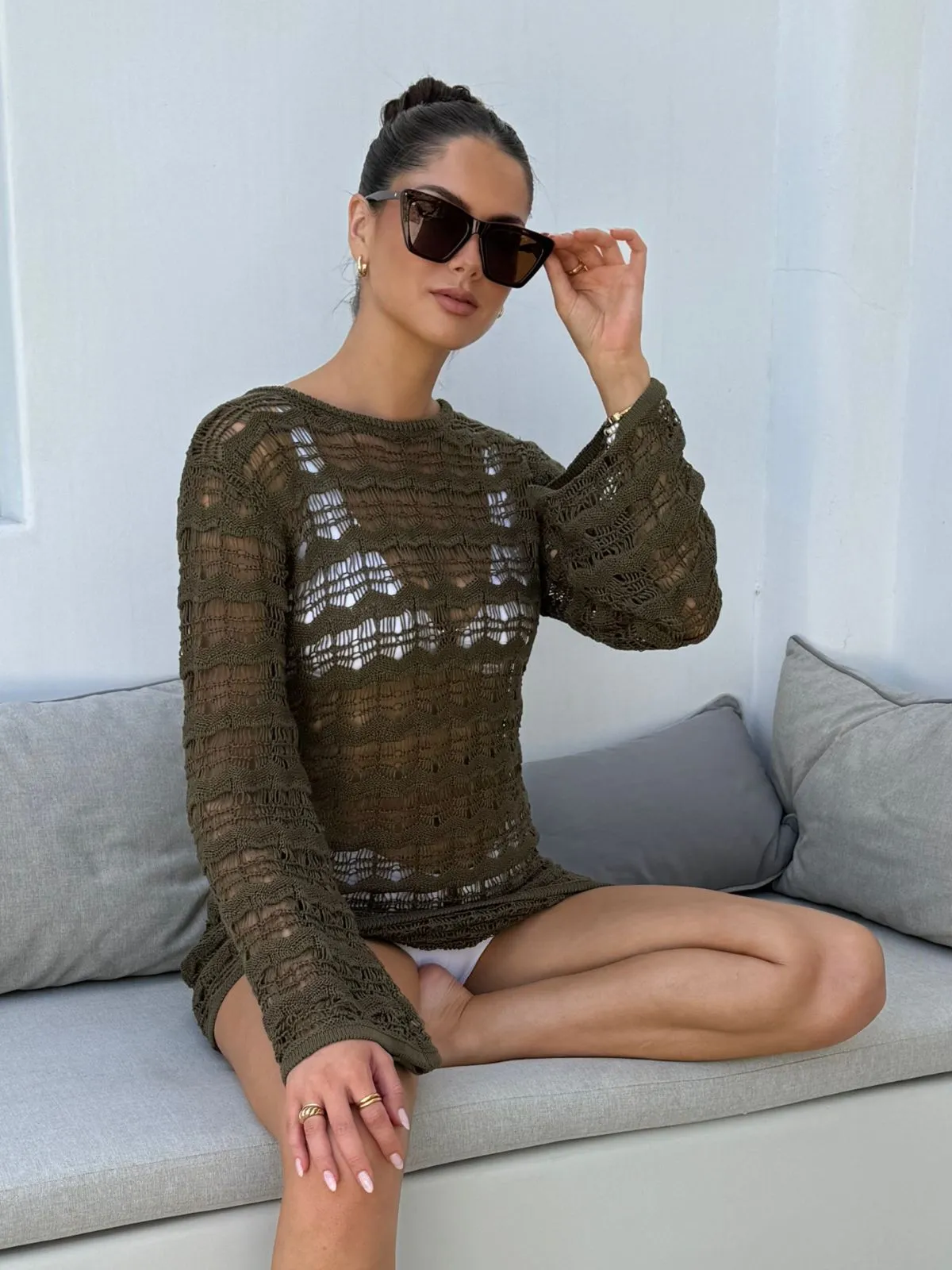 Light Finish Repair-Friendly NEW FIT Ocean Long Sleeve Lace Back Mini dress / Khaki