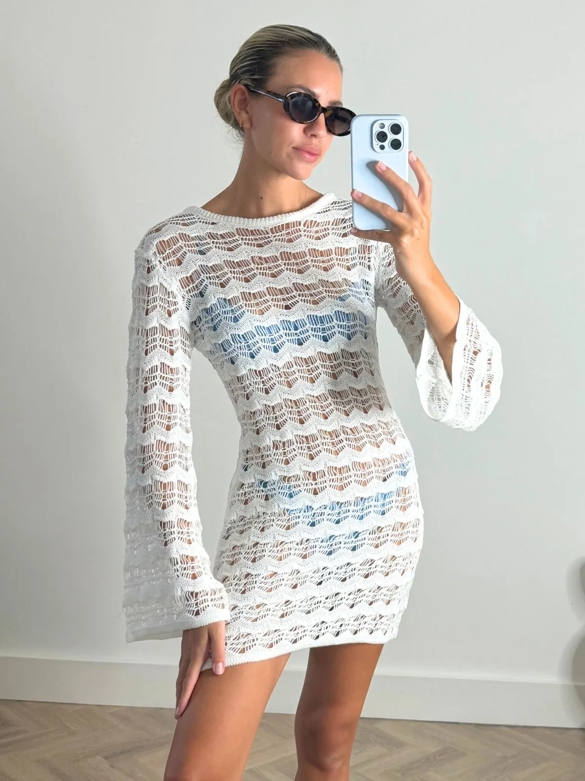 Soft Weave NEW FIT Ocean Long Sleeve Lace Back Mini dress / White
