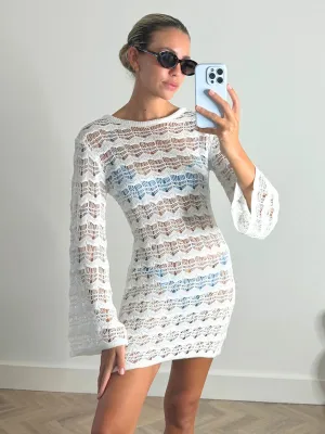 Soft Weave NEW FIT Ocean Long Sleeve Lace Back Mini dress / White