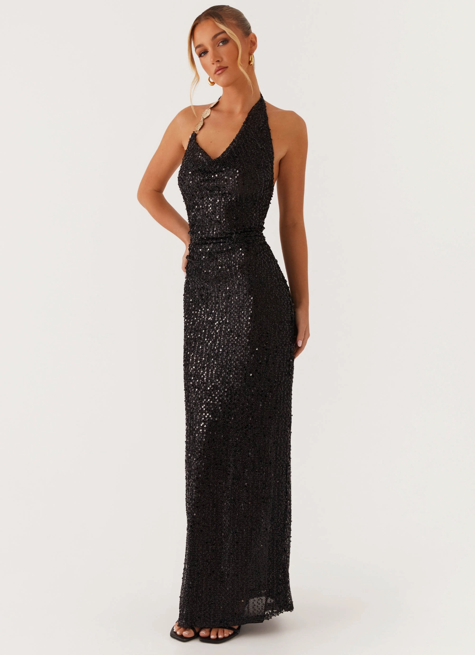 After Tonight Sequin Cowl Neck Maxi Dress - Black Lightweight Fabric