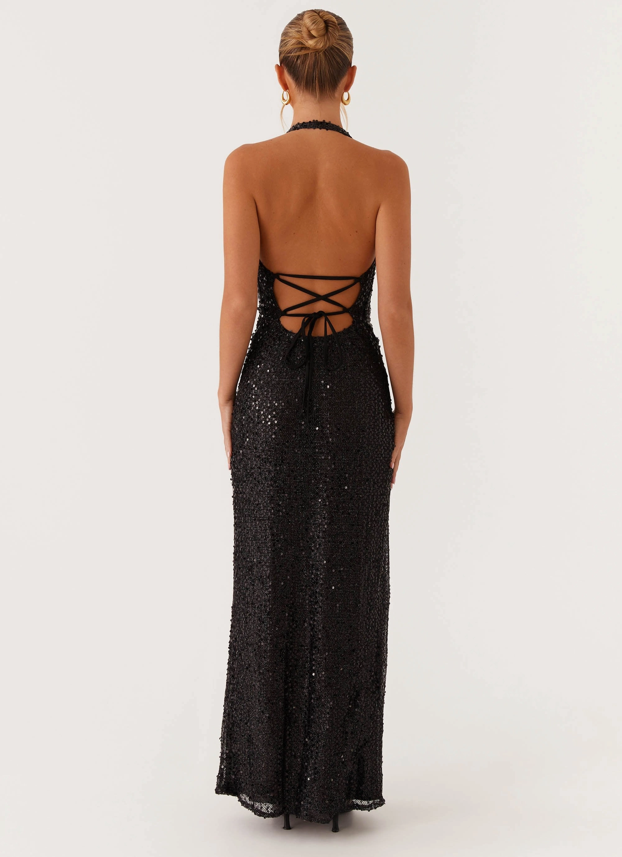 After Tonight Sequin Cowl Neck Maxi Dress - Black Holiday Wear