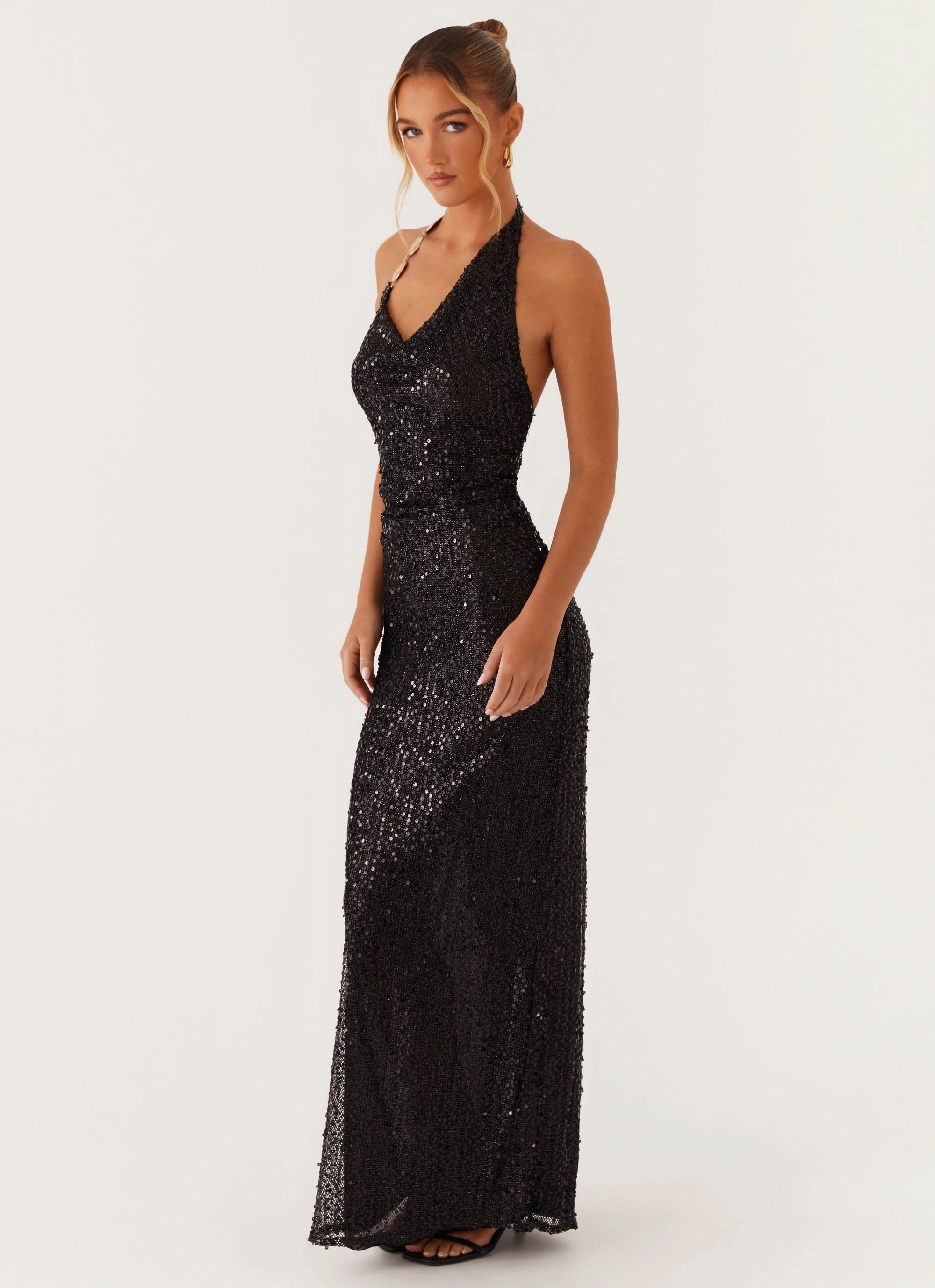 After Tonight Sequin Cowl Neck Maxi Dress - Black Light Fabric