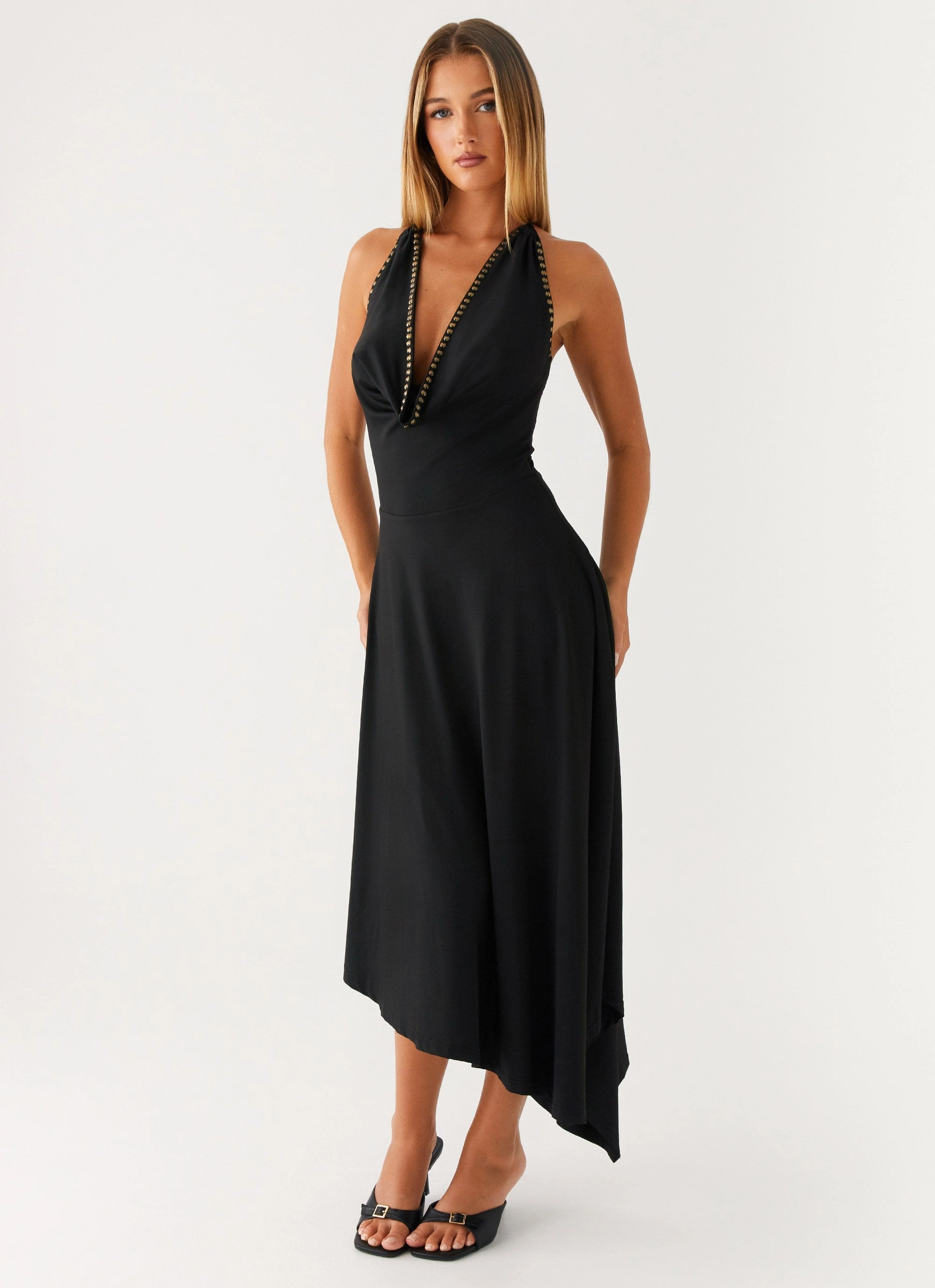 Vena Beaded Midi Dress - Black Comfortable fit dress for all body types Quick Outfit
