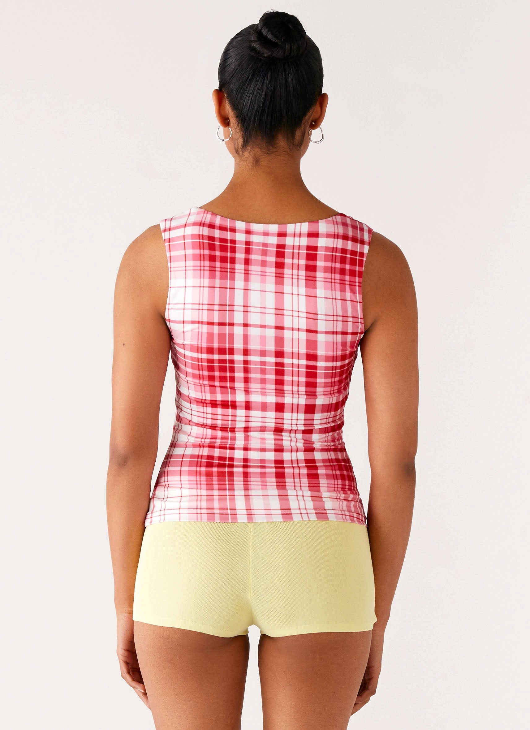 No Drama Strap Top - Pink Check Wrinkle Resistant Texture