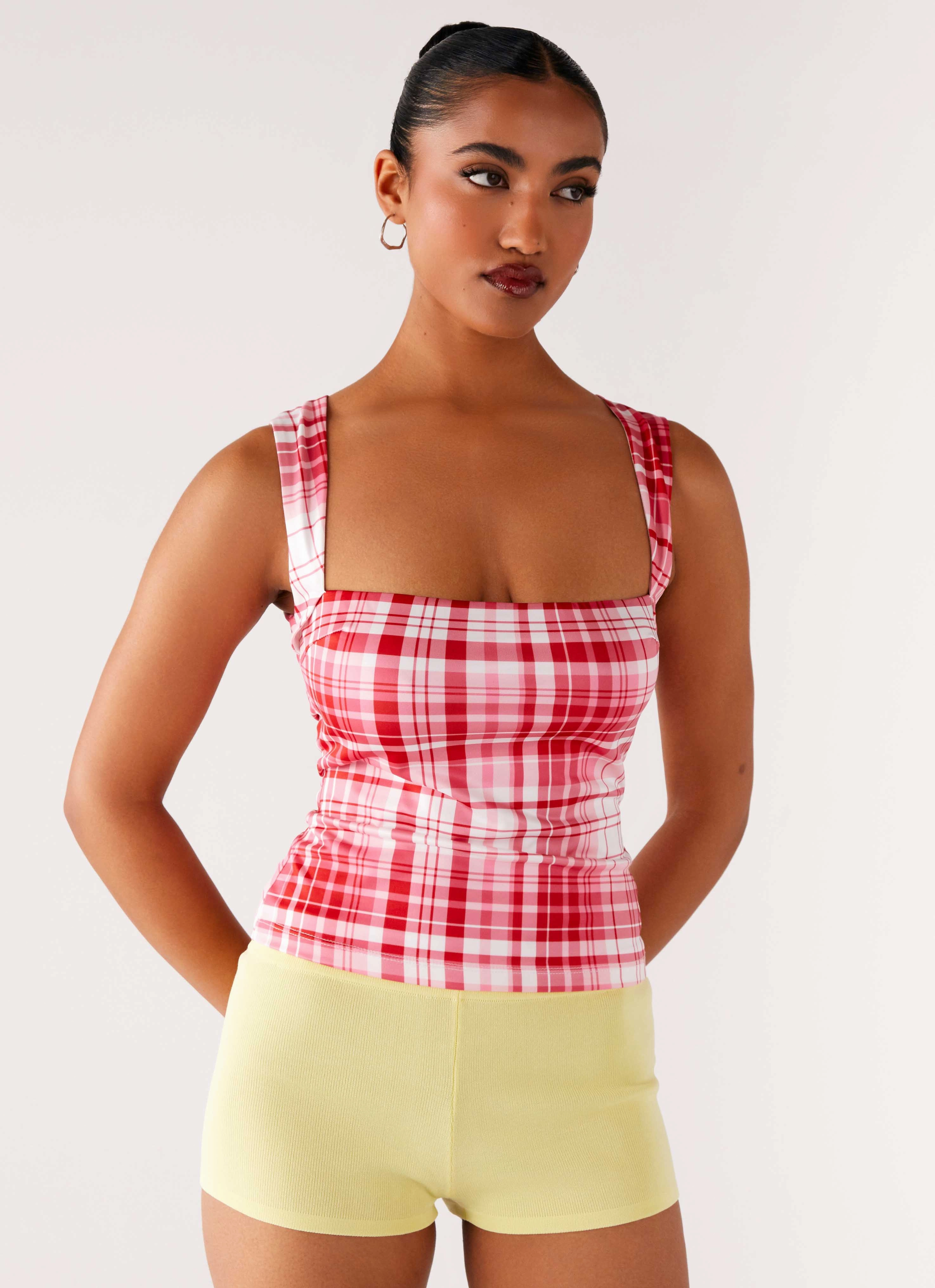 Hygroscopic Inner Layer No Drama Strap Top - Pink Check