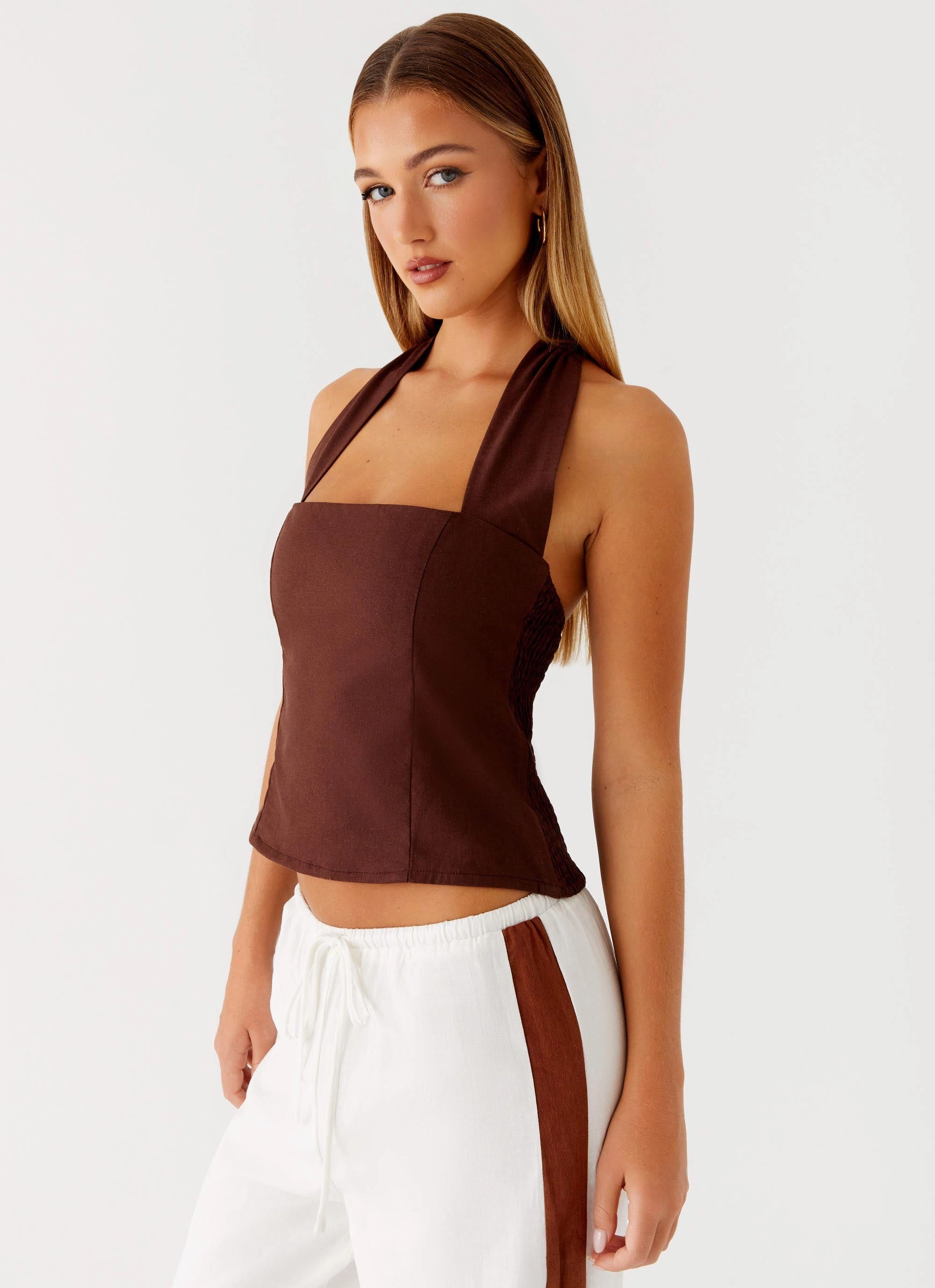 Sunflare Linen Halter Top - Chocolate MeshPanel Casual Pullover
