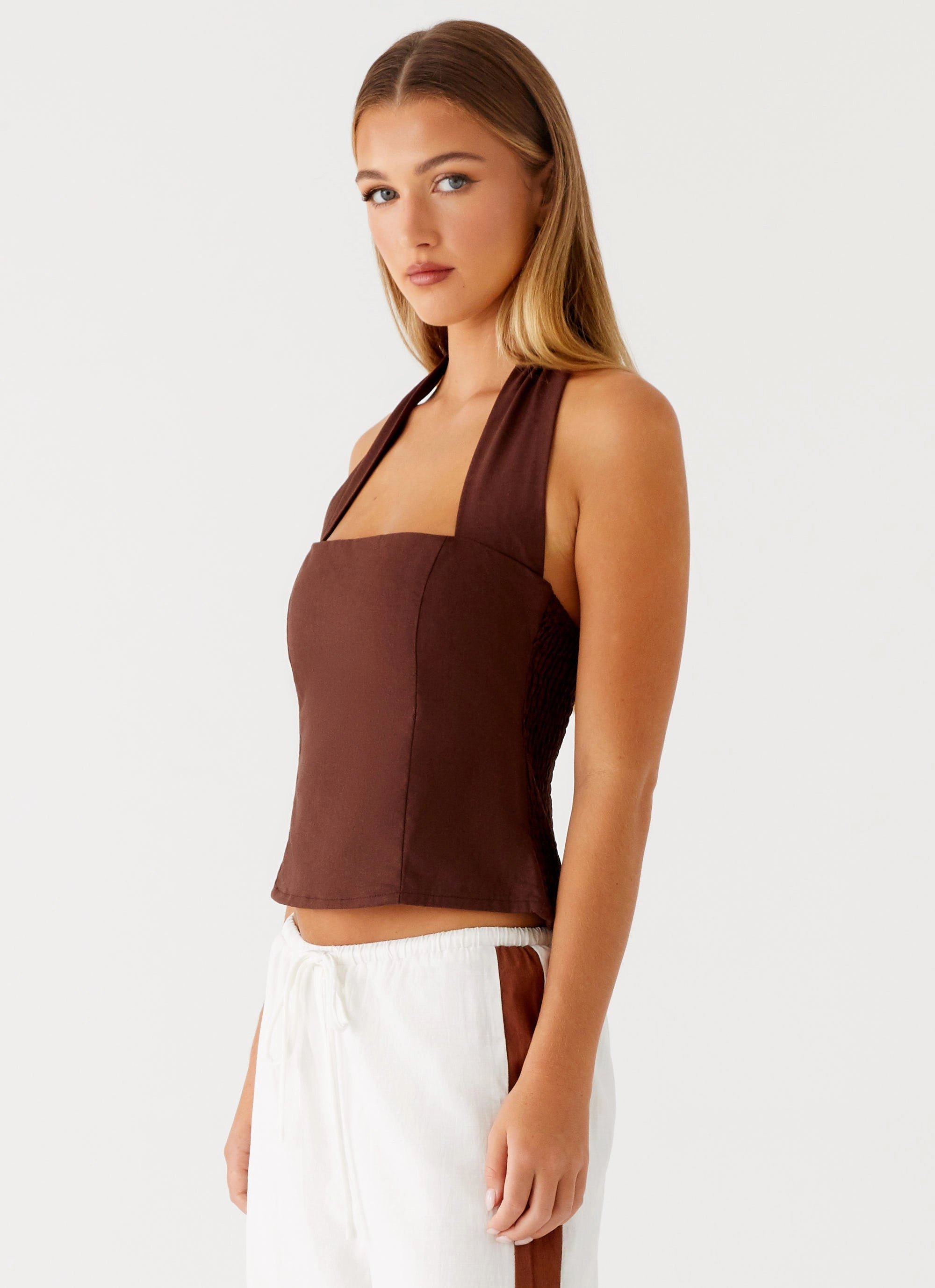 Tailored Seams Sunflare Linen Halter Top - Chocolate