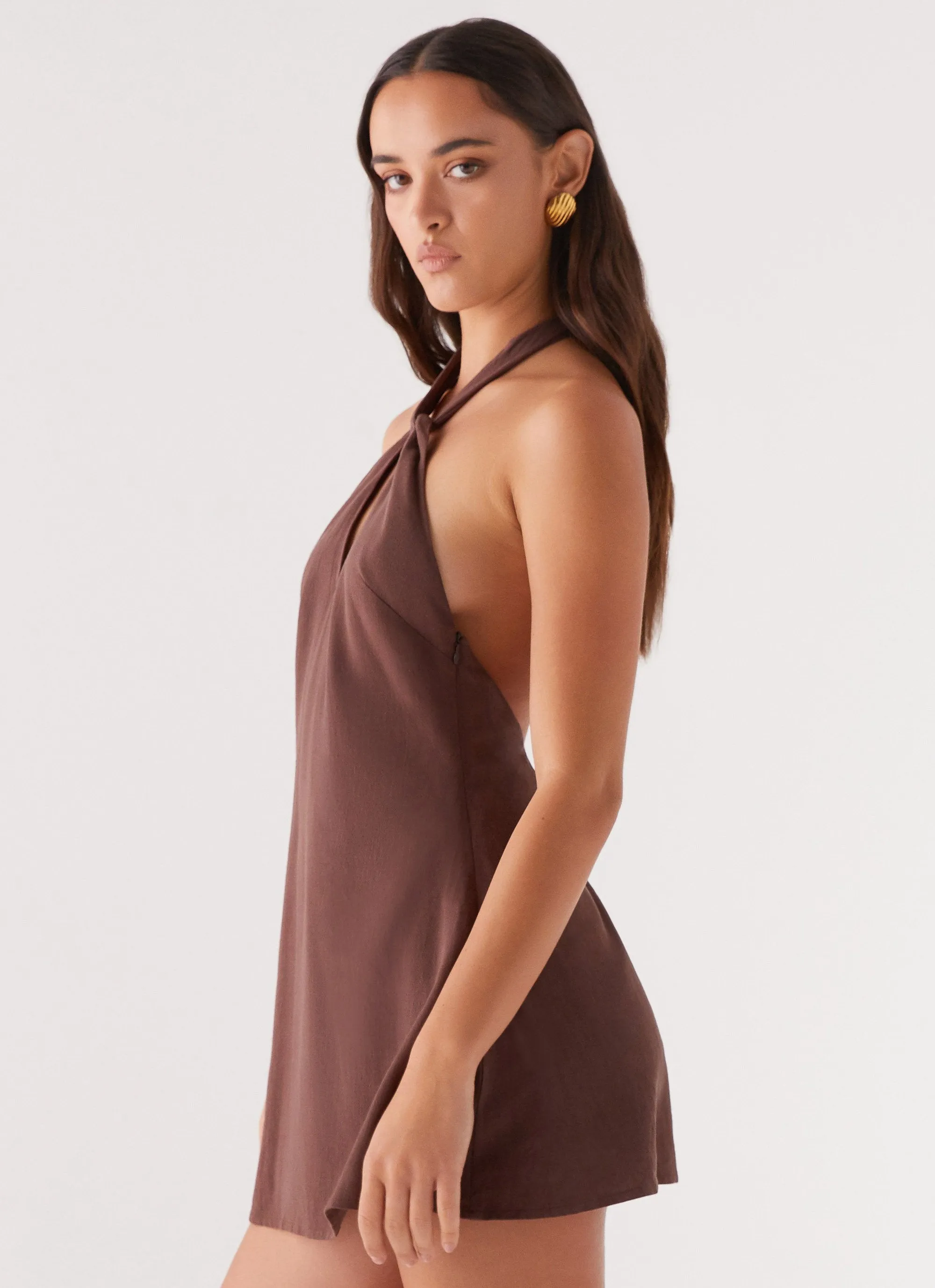 Counting Stars Linen Halterneck Dress - Chocolate Printed Pattern All day wearability
