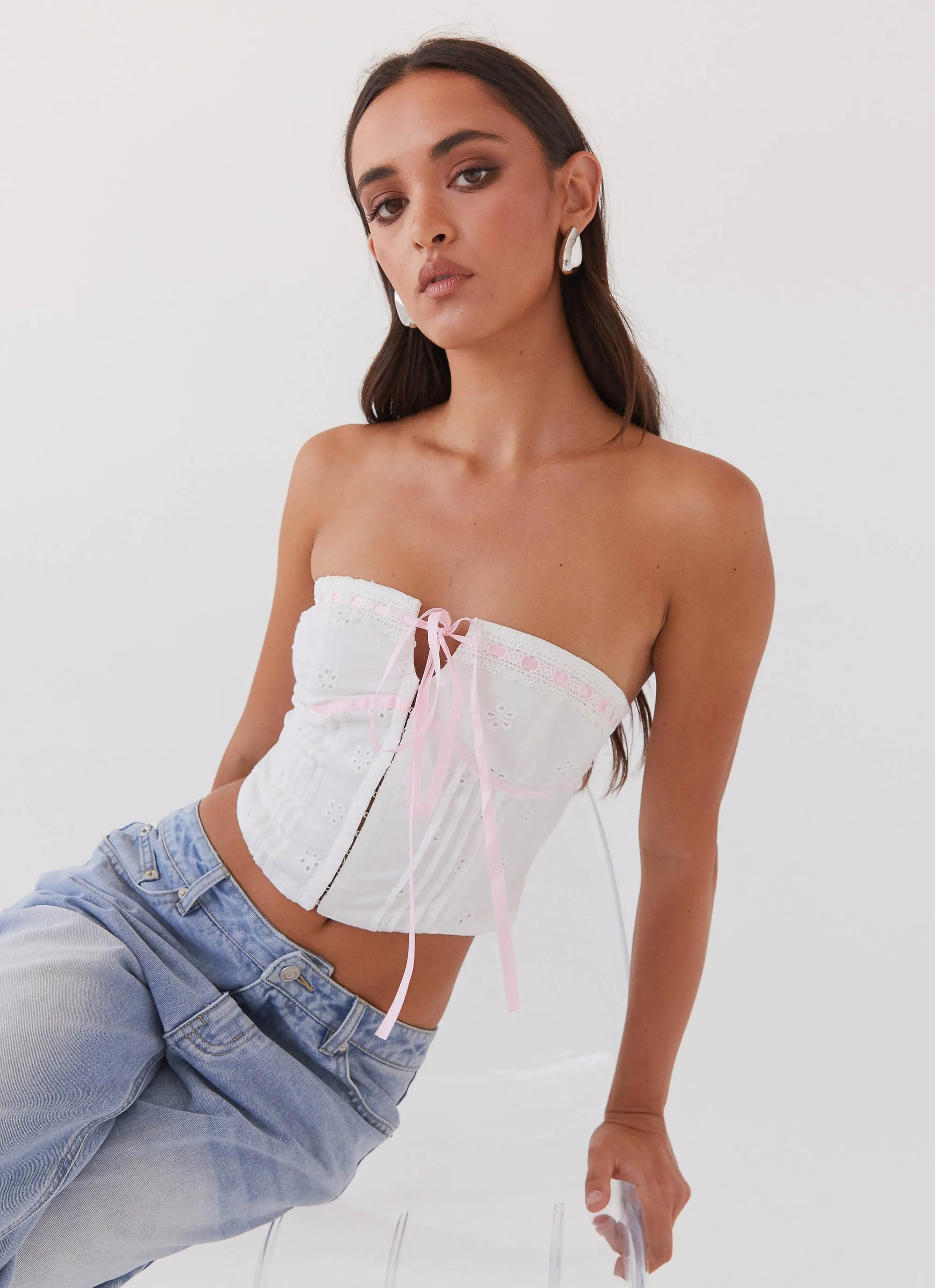 Tencel Cotton Hybrid Weave BoxyCrop All My Affection Bustier Top - Pink Ribbon