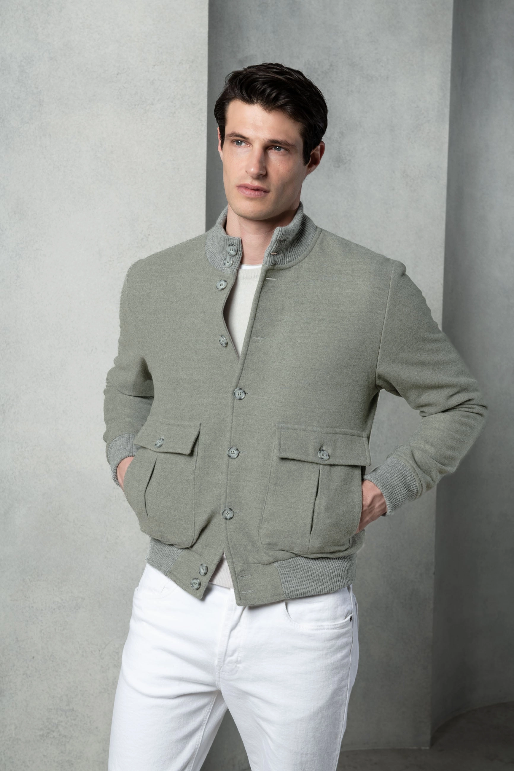 Pre Shrunk Cotton Blend AllPurposeFastening Sage Super 180's wool flannel bomber jacket ?C Made in Italy