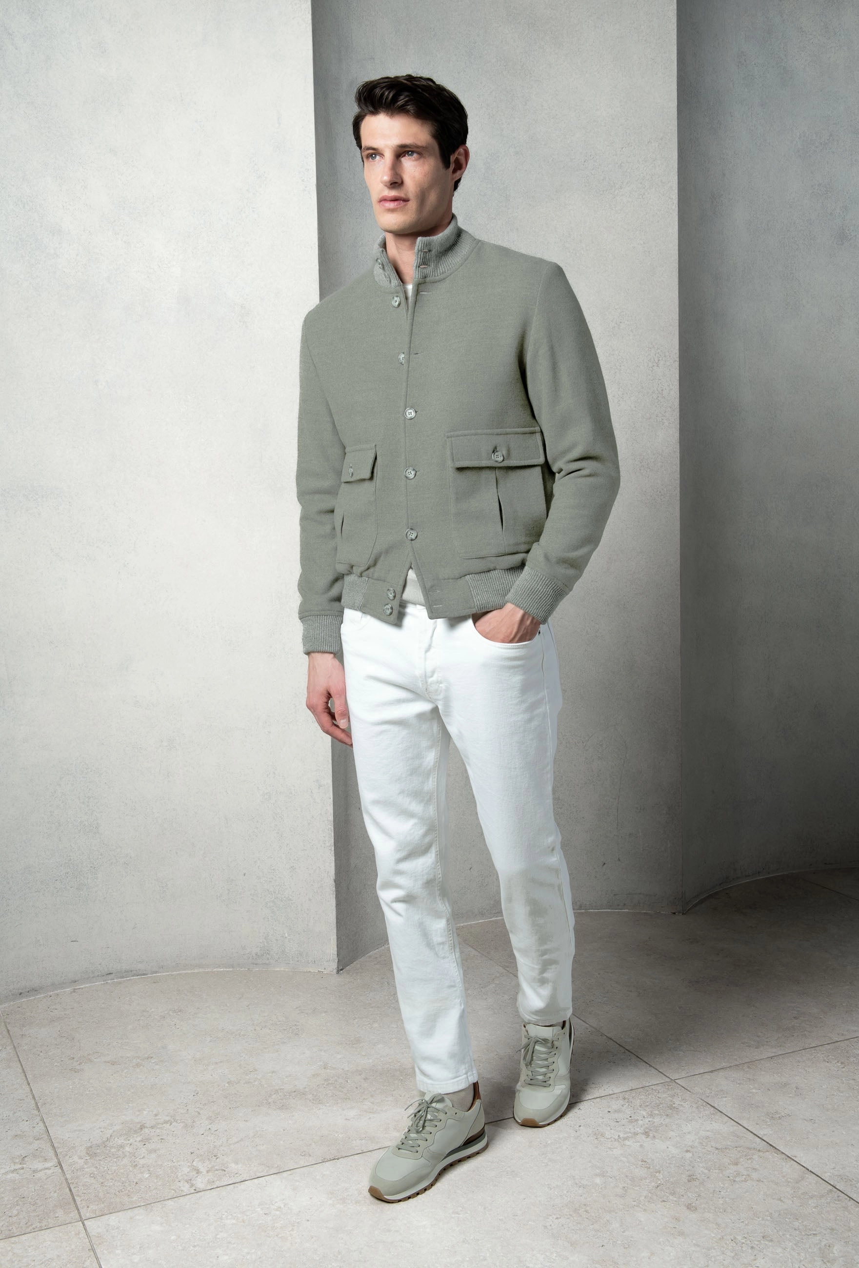 Army Style Sage Super 180's wool flannel bomber jacket ?C Made in Italy