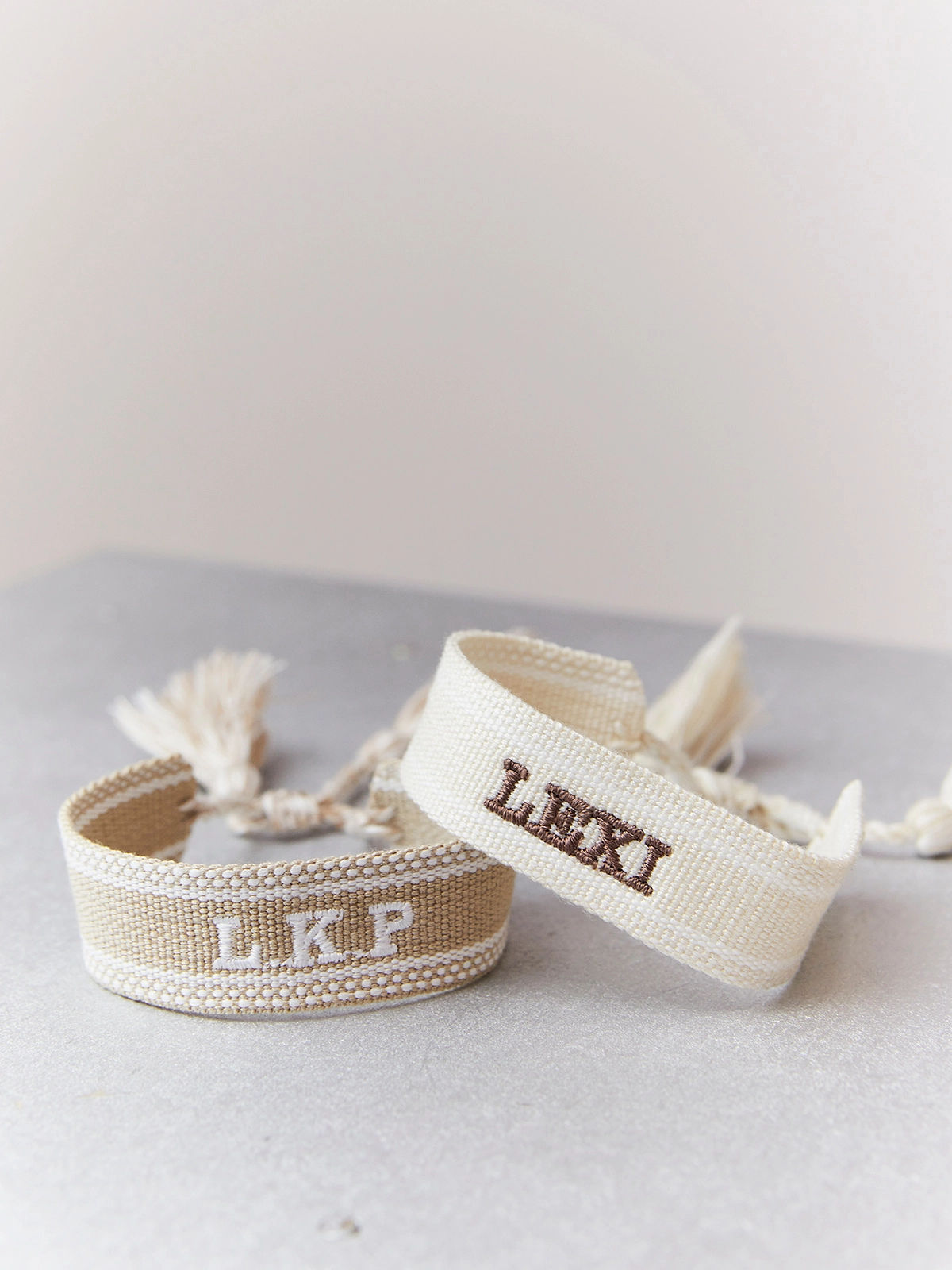 Santorini Pack Of Two Personalised Ivory And Mocha Bracelets Tear Resistant