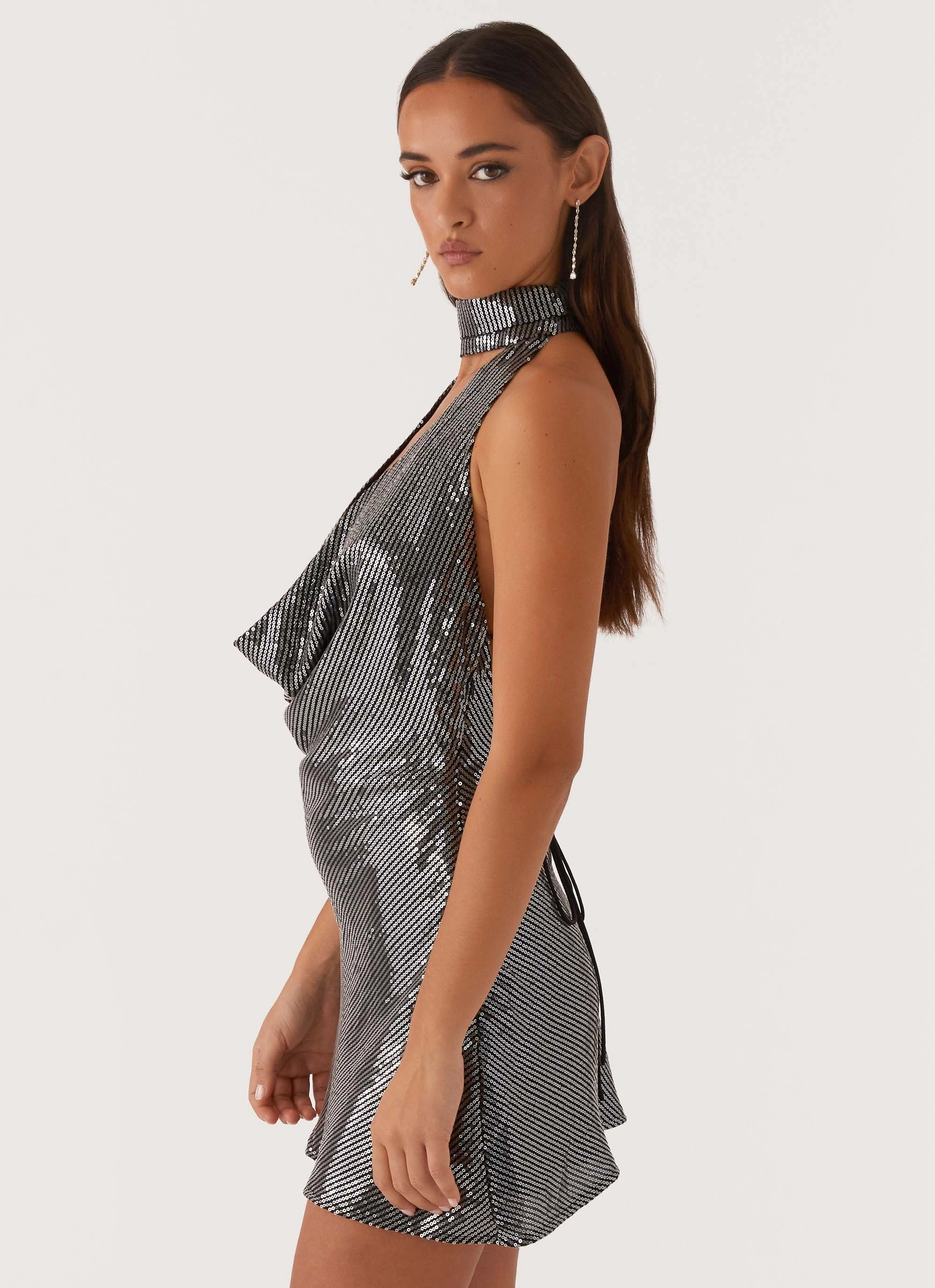 Flow Sleeve Nora Sequin Cowl Neck Mini Dress - Black