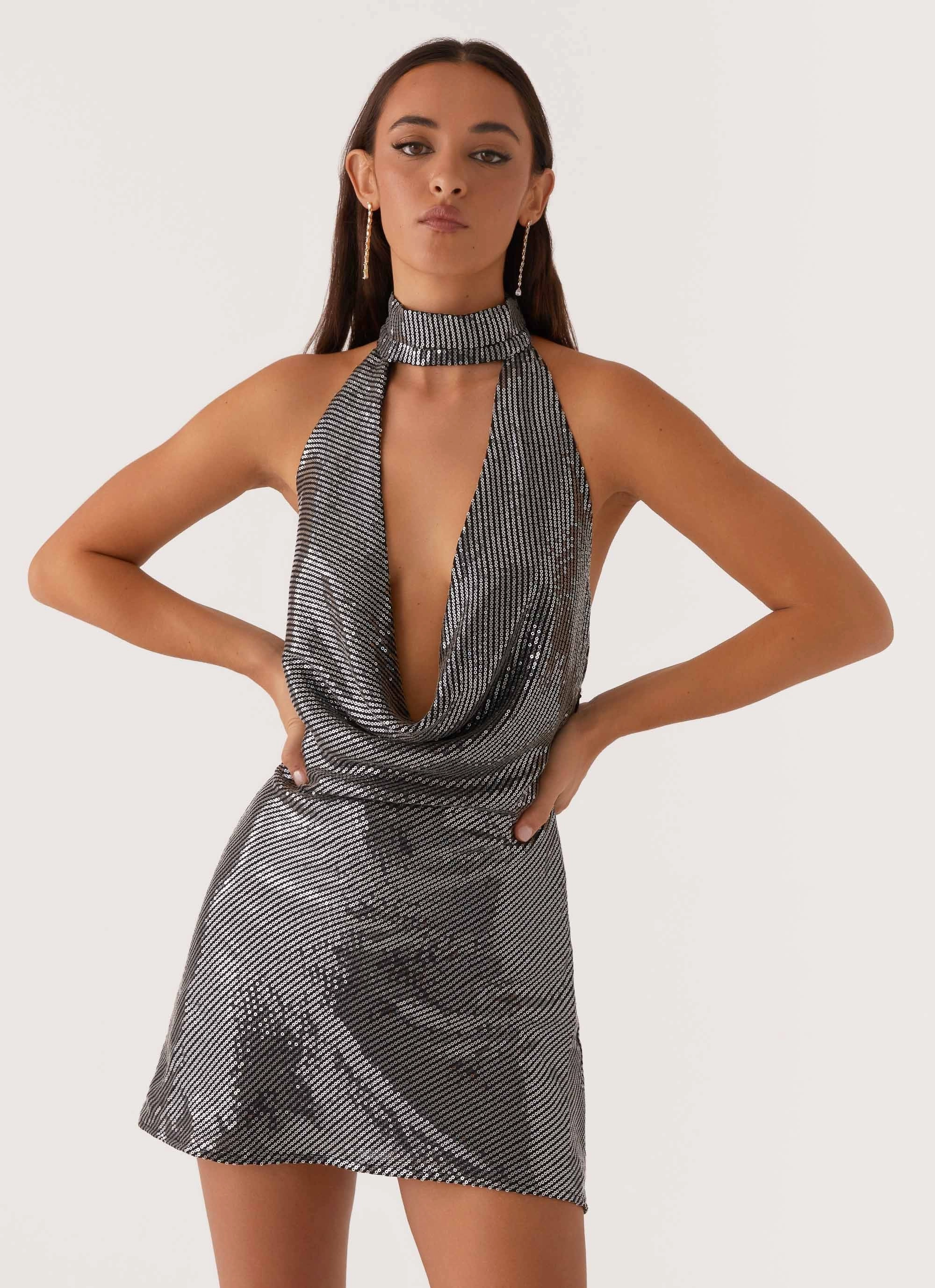 Nora Sequin Cowl Neck Mini Dress - Black Grace Vibe