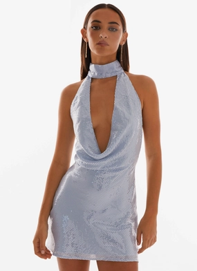 Nora Sequin Cowl Neck Mini Dress - Blue All Gender Fit Minimal Aesthetic