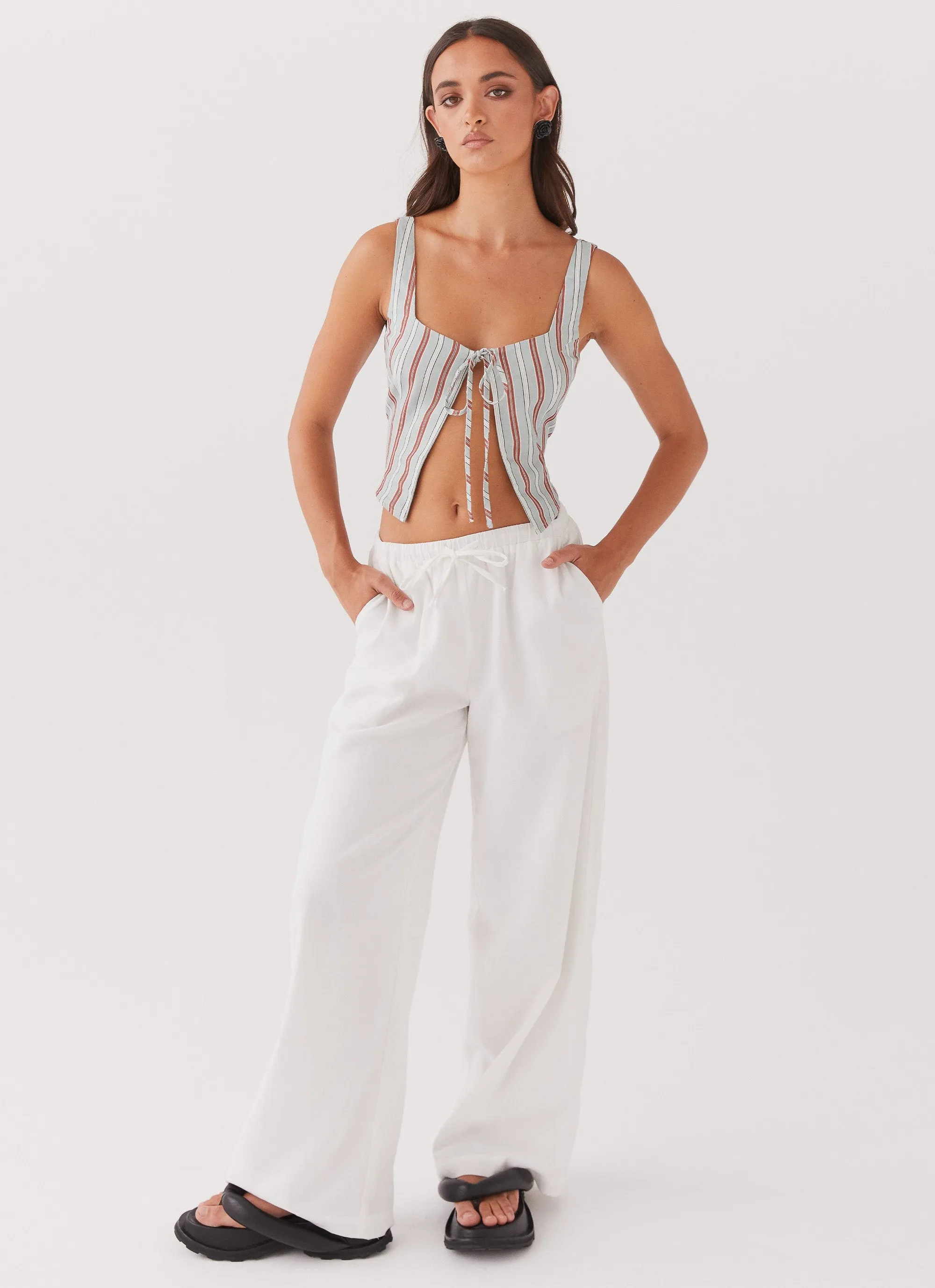 Oasis Dreams Linen Tie Top - Coastal Stripe MoistureManagementSystem Curved Hem