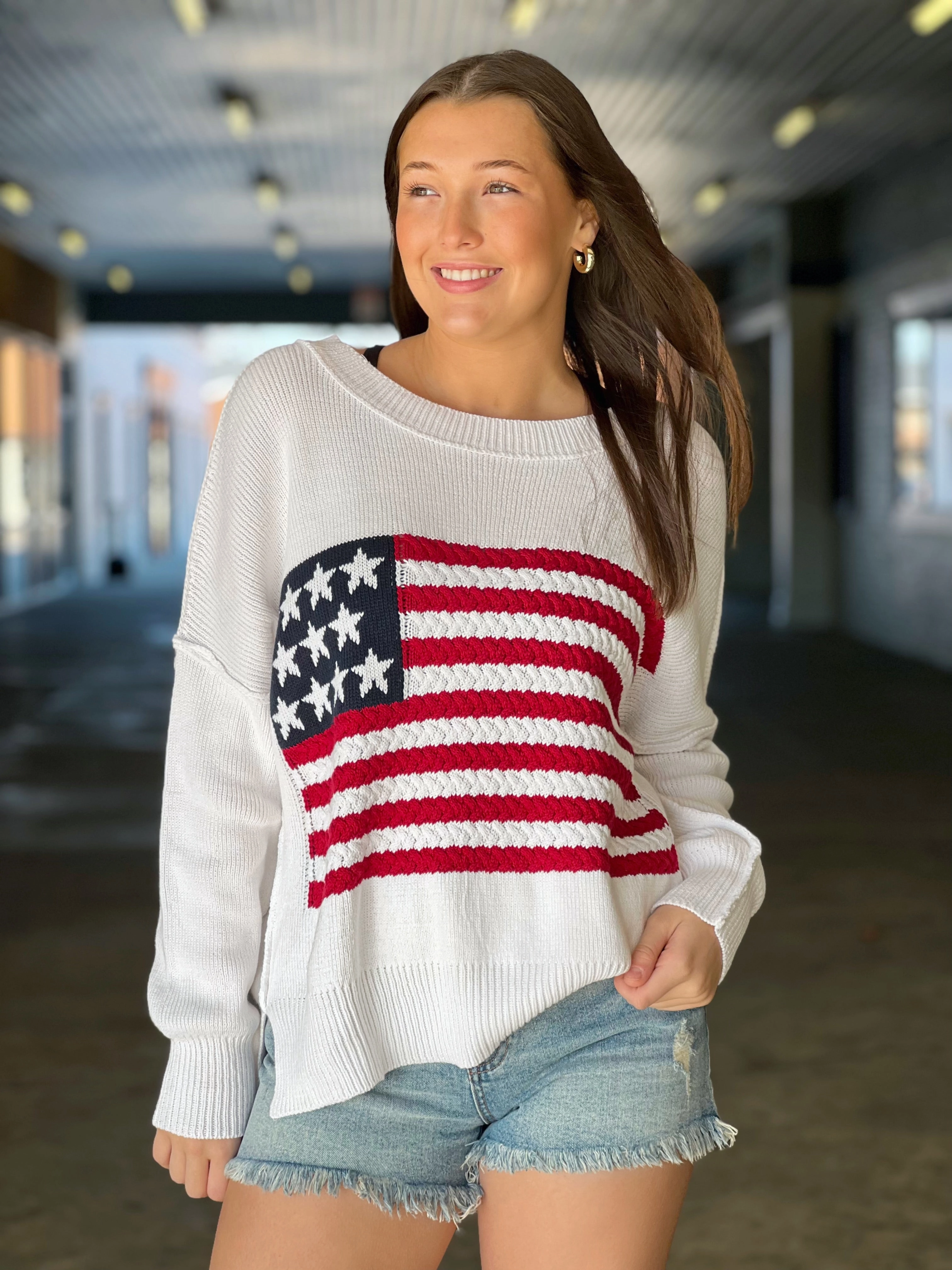 Stretch Material Old Glory Sweater- Ivory