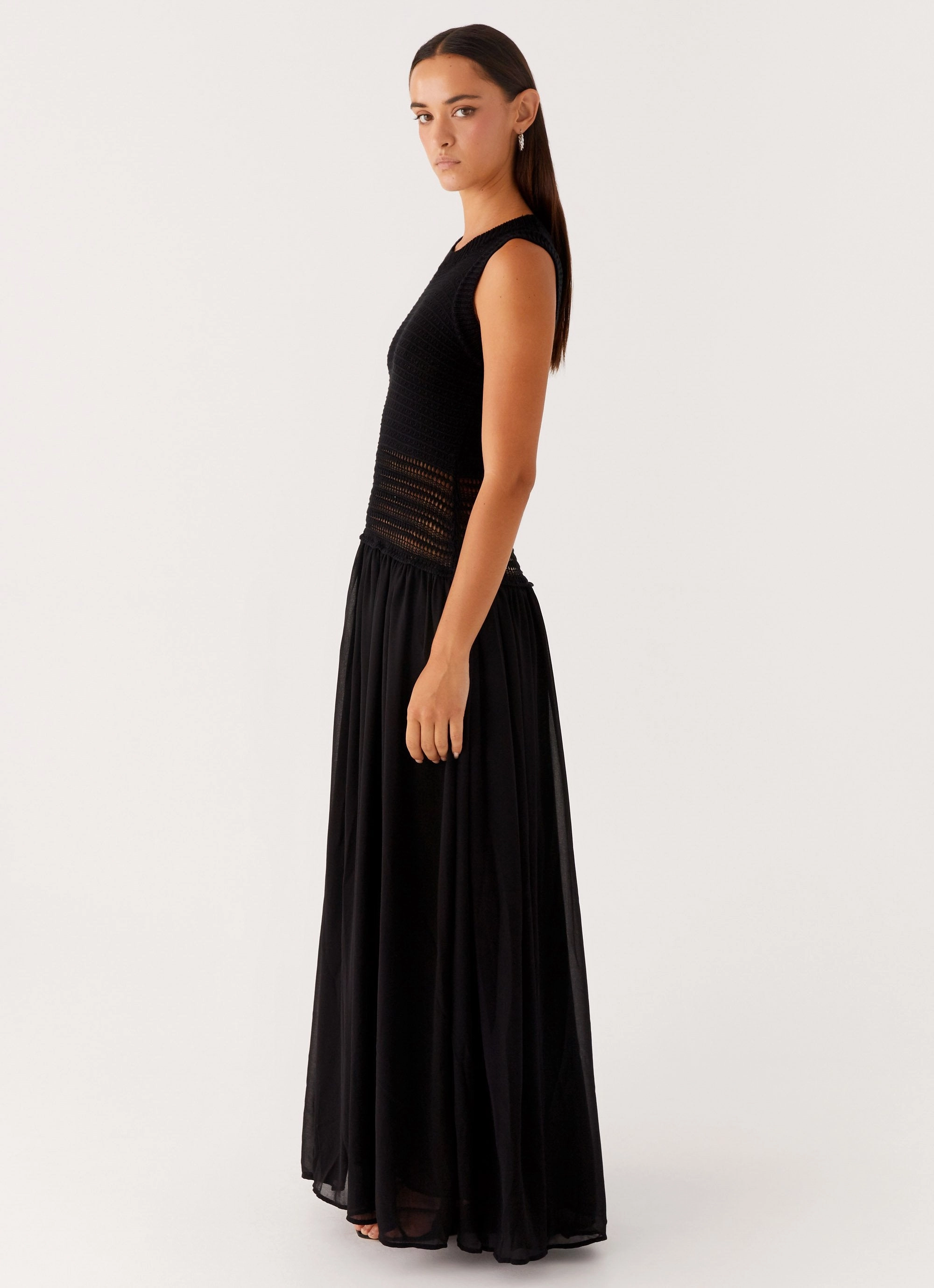 Off Grid Crochet Maxi Dress - Black Boat-Neck Luxe Mood