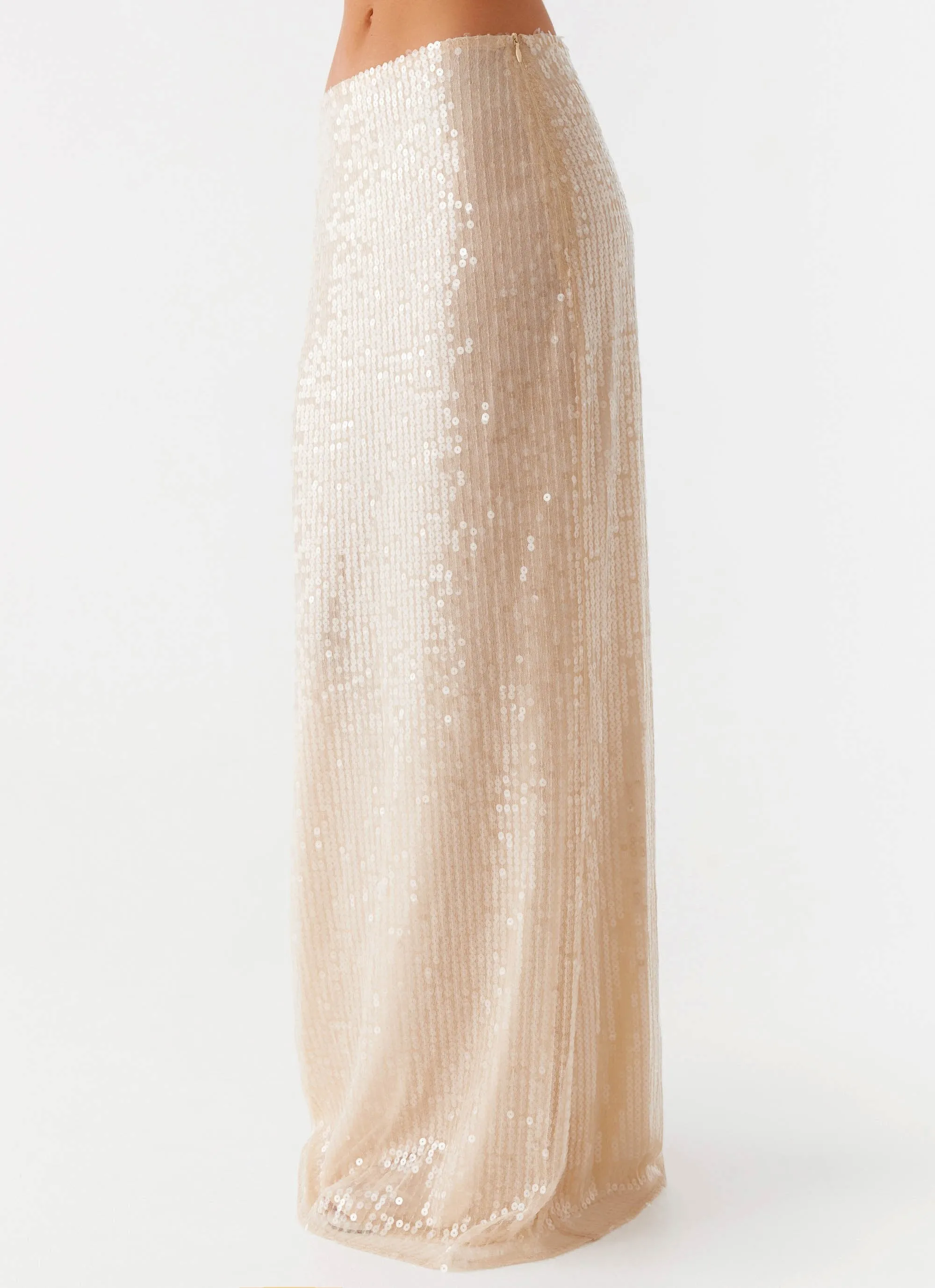 Abstract Motif Wisteria Low Rise Sequin Maxi Skirt - Champagne