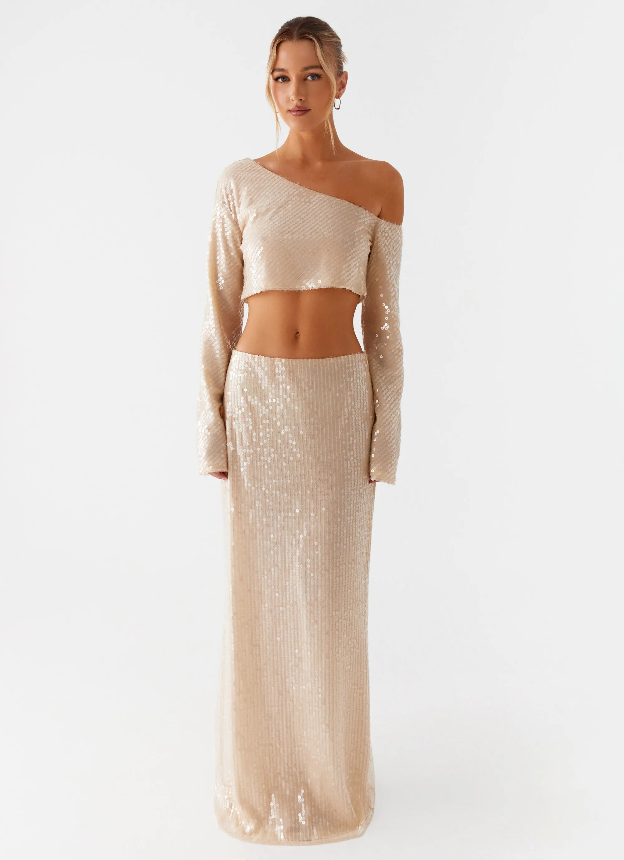 Casual Moments Wisteria Low Rise Sequin Maxi Skirt - Champagne