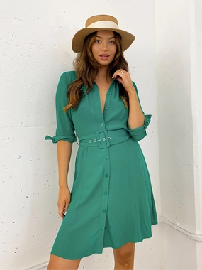 Olivia Mini Belted Shirt Dress / Green Calm Style Soft Fashion