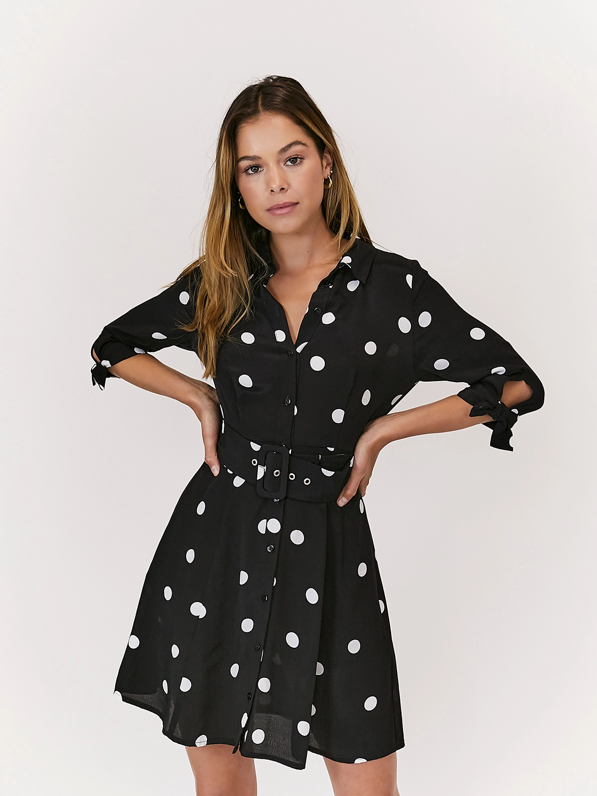 Embroidered Fabric vacation look Olivia Mini Belted Shirt Dress / Mono Spot