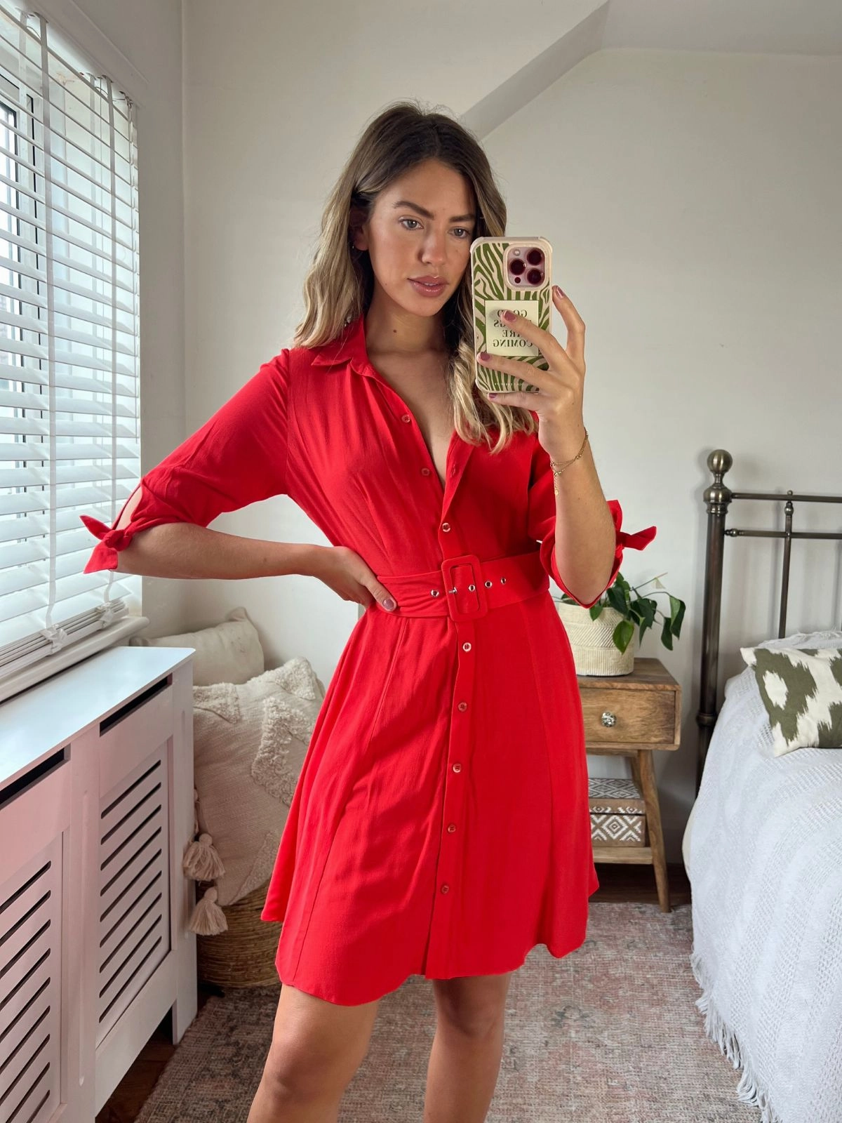 Grass Soft Olivia Mini Belted Shirt Dress / Red