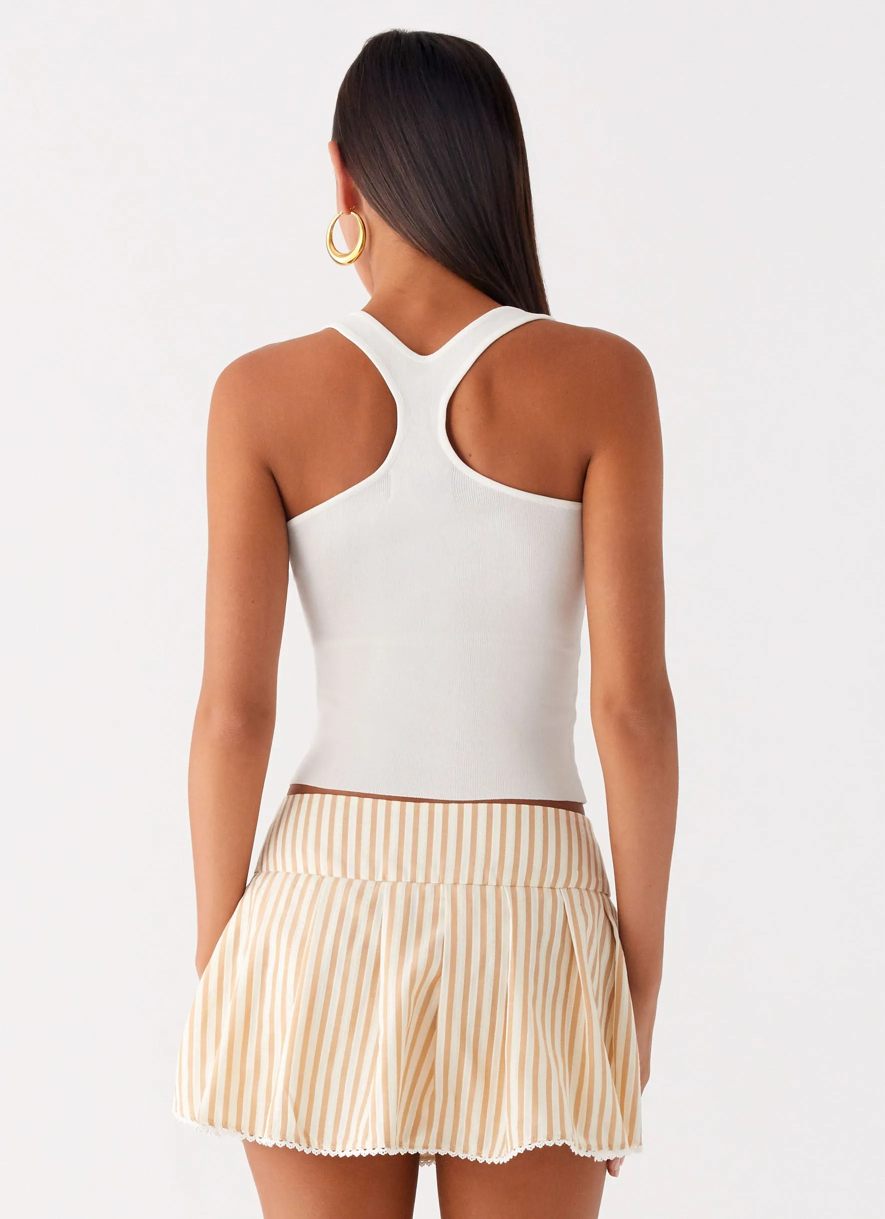 Oliviana Pleated Mini Skort - Taupe Stripe Stretchable Waist Refined Style