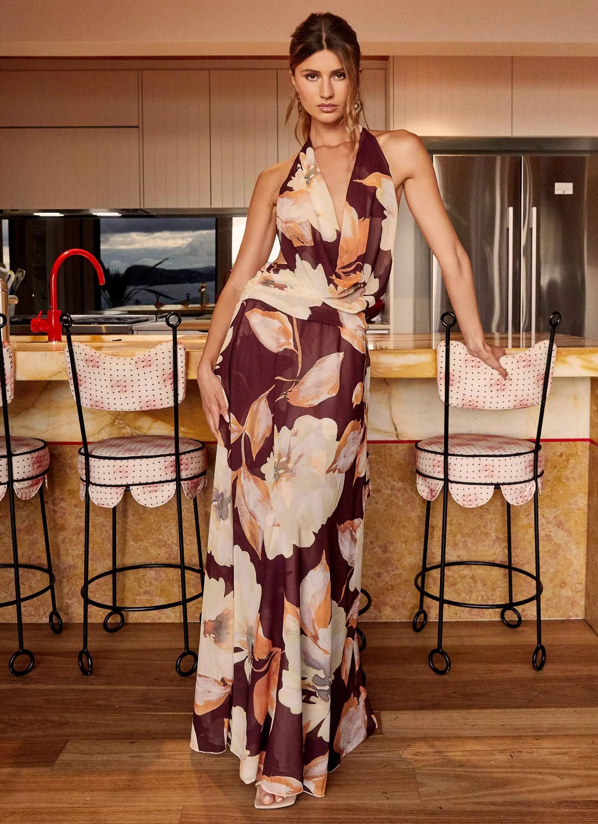 Elysia Chiffon Maxi Dress - Brown Floral Essential Piece Cultural Inspired