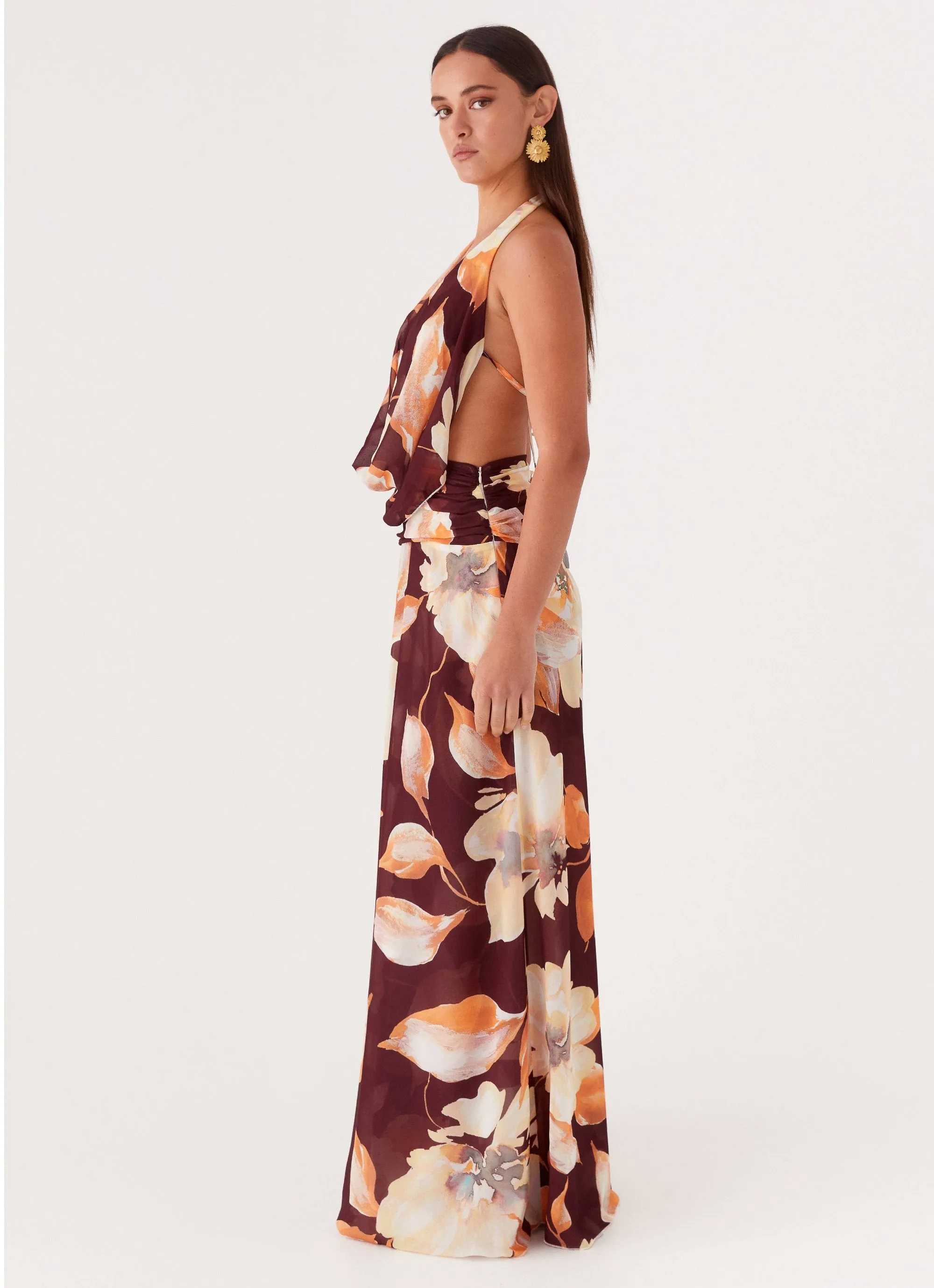 Lightweight Fabric Elysia Chiffon Maxi Dress - Brown Floral