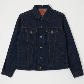 Velcro Fasten NonRestrictive Cut ONI Denim 02525P-SHM 'Kiwami' Semi Hand Made 16oz Type III Denim Jacket - Rinsed