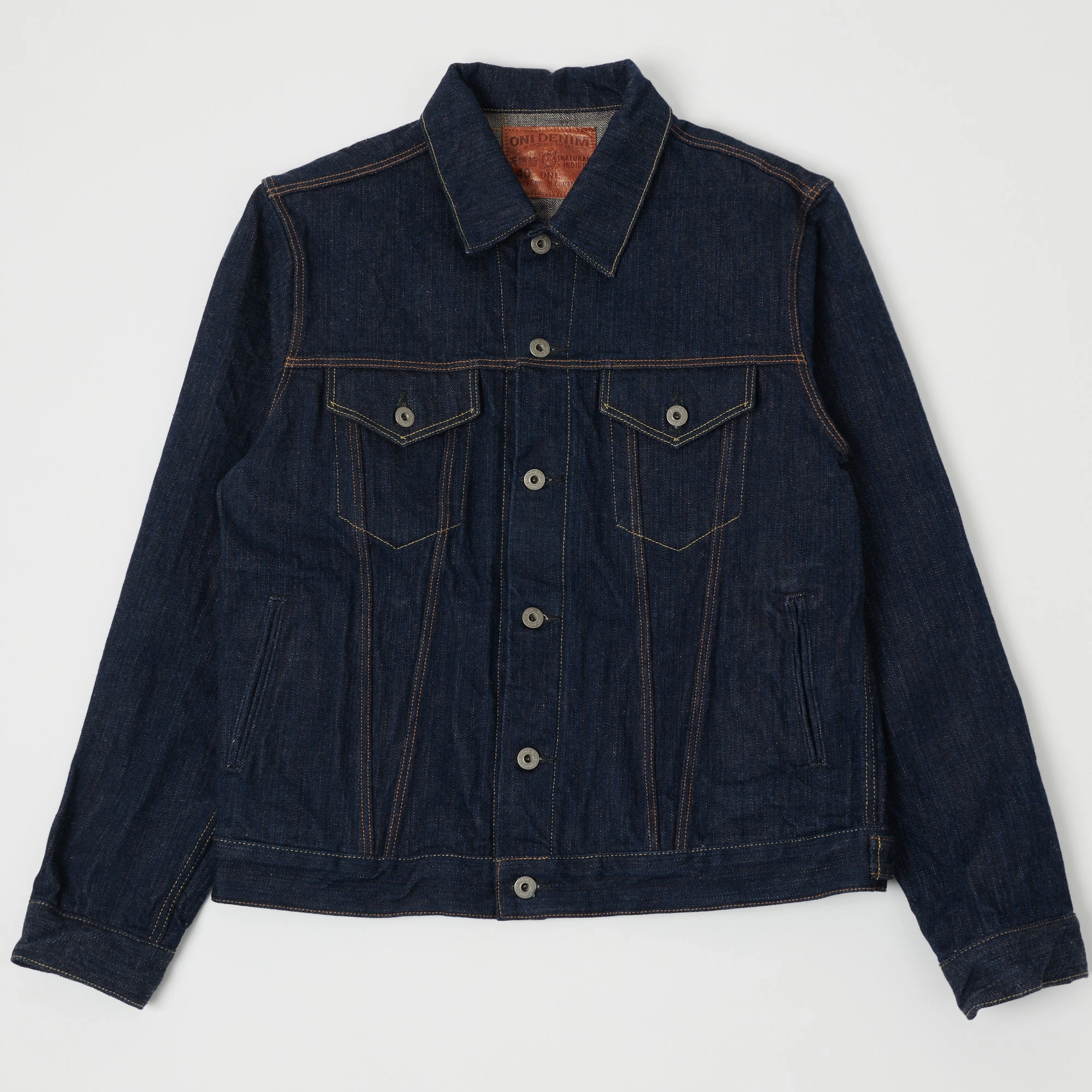 Velcro Fasten NonRestrictive Cut ONI Denim 02525P-SHM 'Kiwami' Semi Hand Made 16oz Type III Denim Jacket - Rinsed
