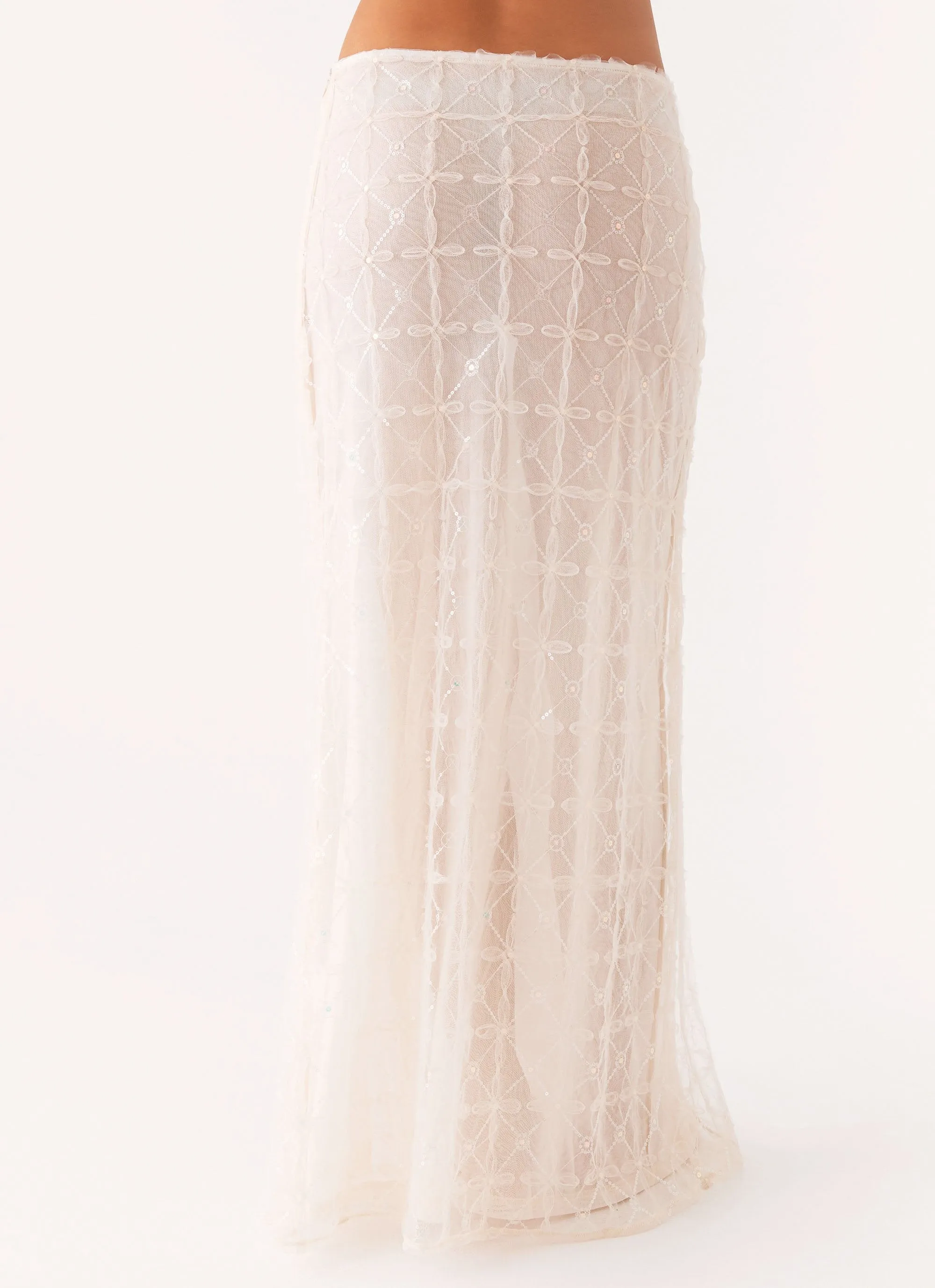 Opal Sequin Maxi Skirt - White Monochrome Outfit Button Details